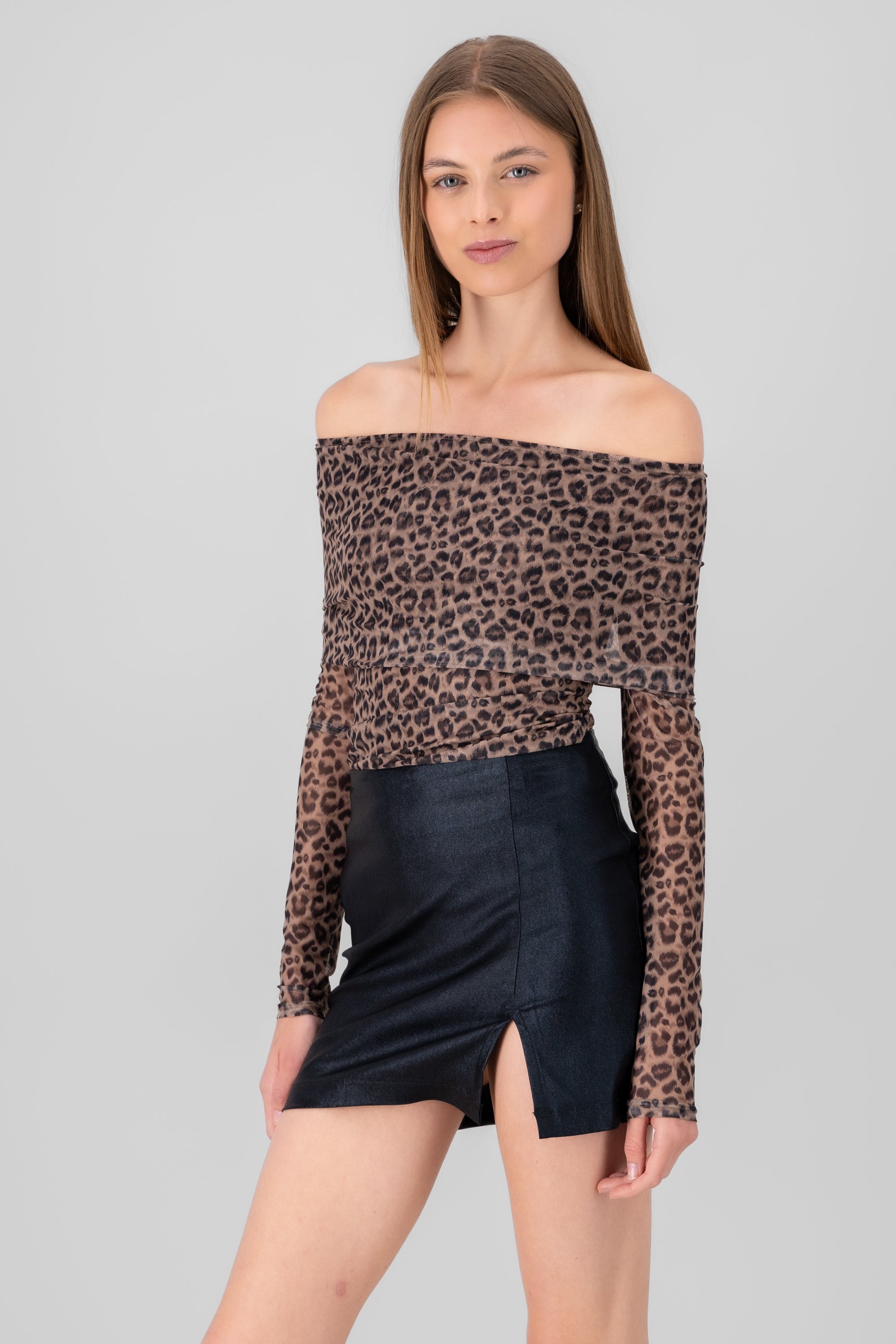 Top mesh animal print bardot CAFE COMBO