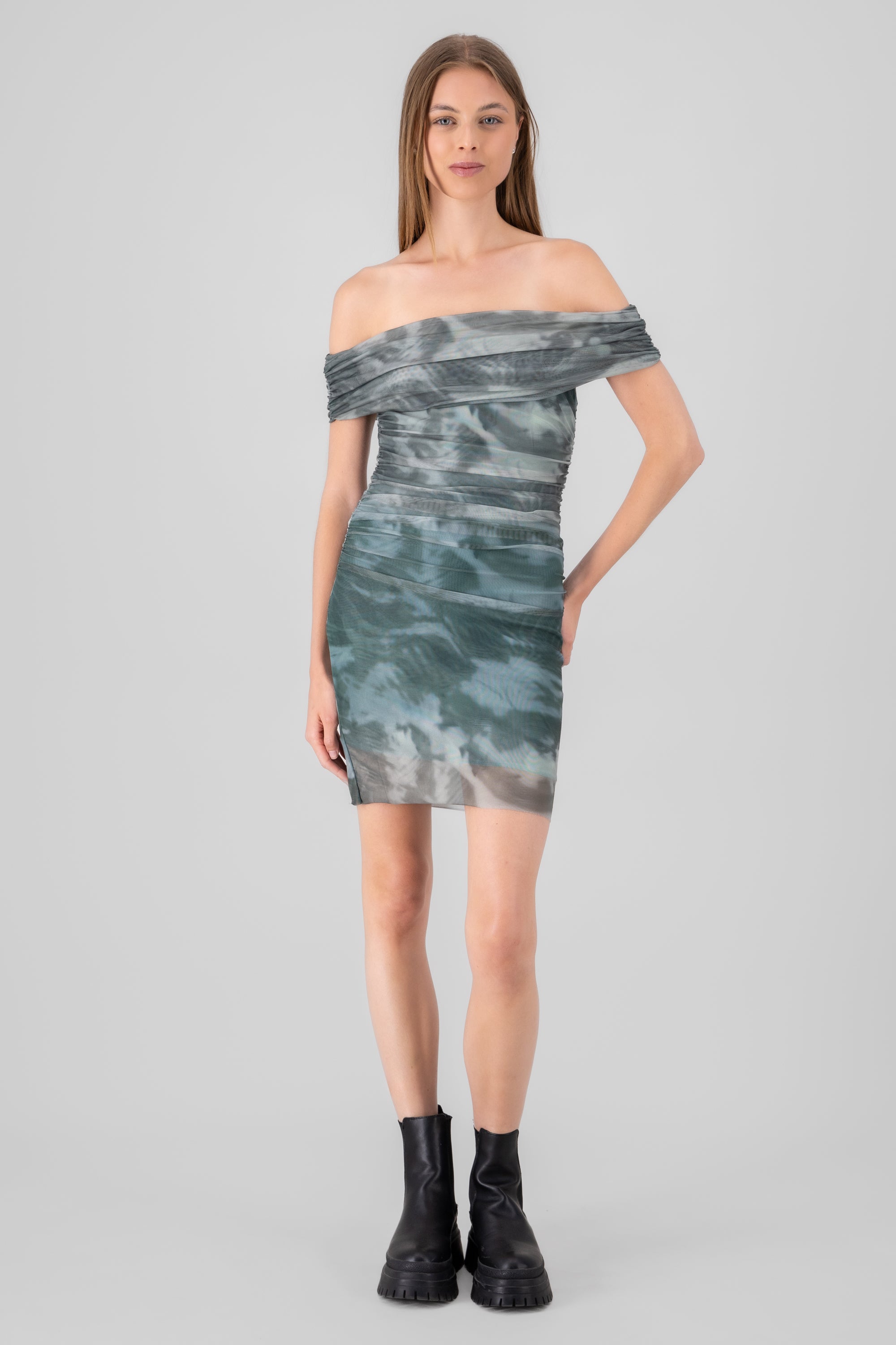 Mini vestido mesh bardot VERDE