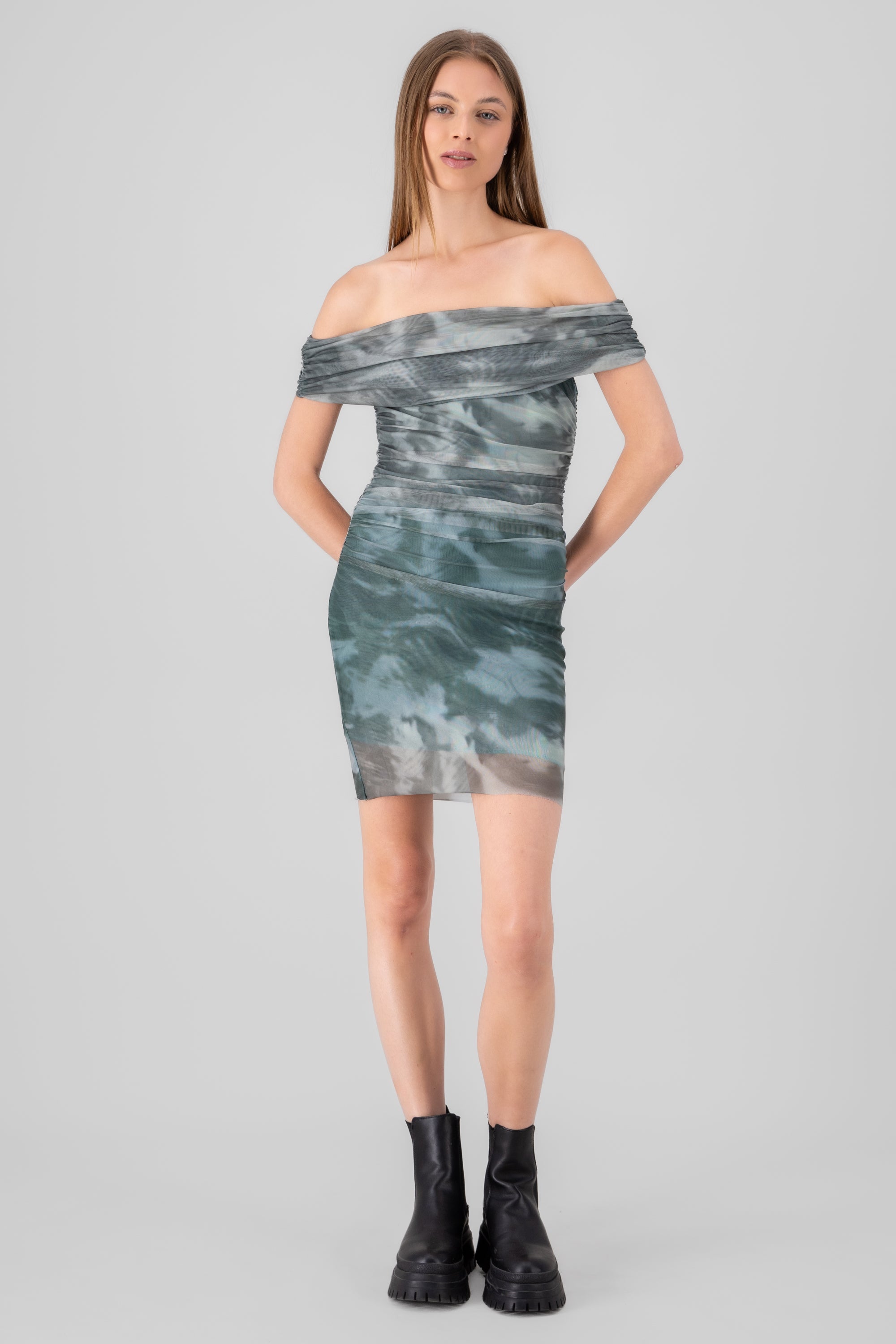 Mini vestido mesh bardot VERDE
