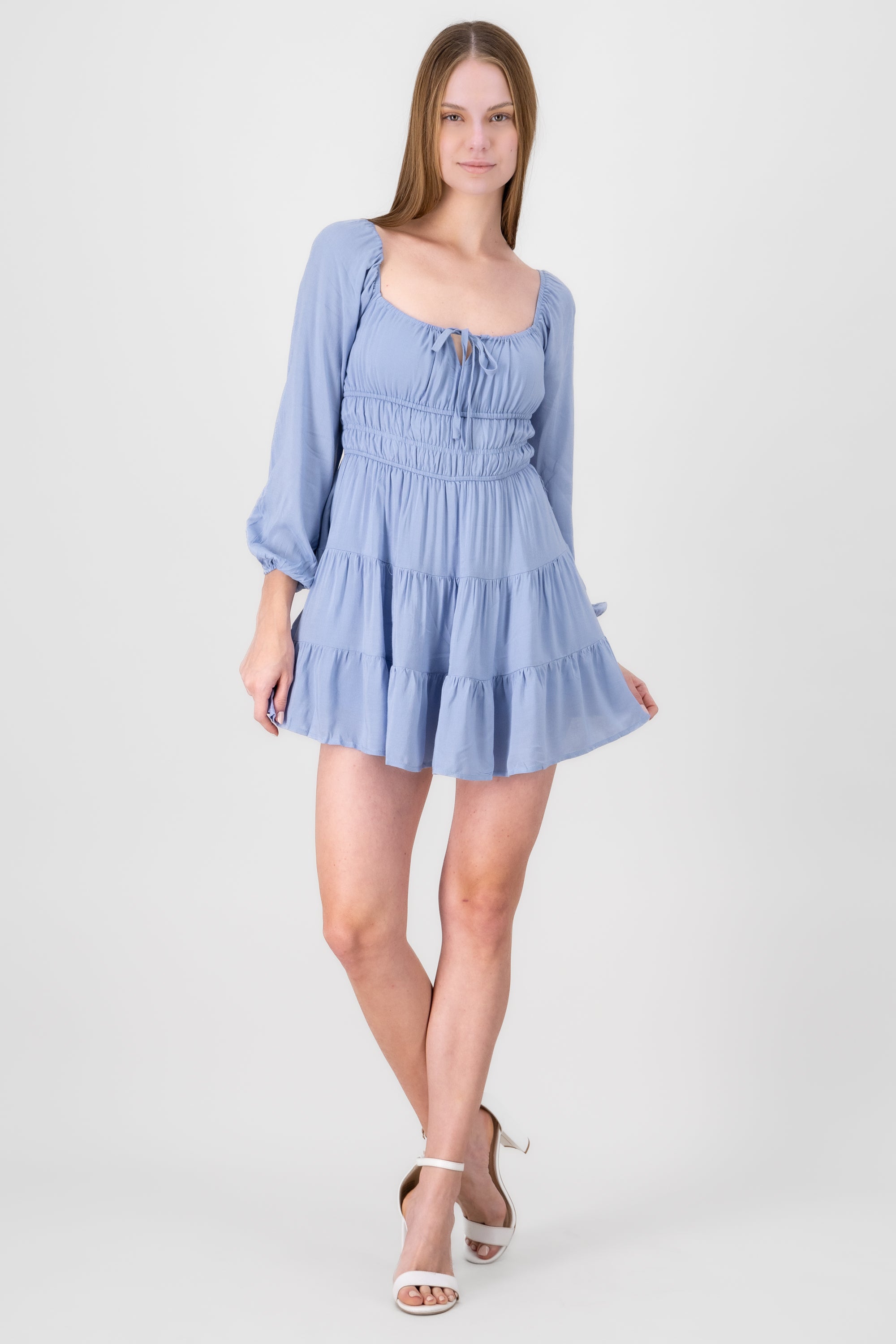 Mini long -sleeved back dress back Sky blue