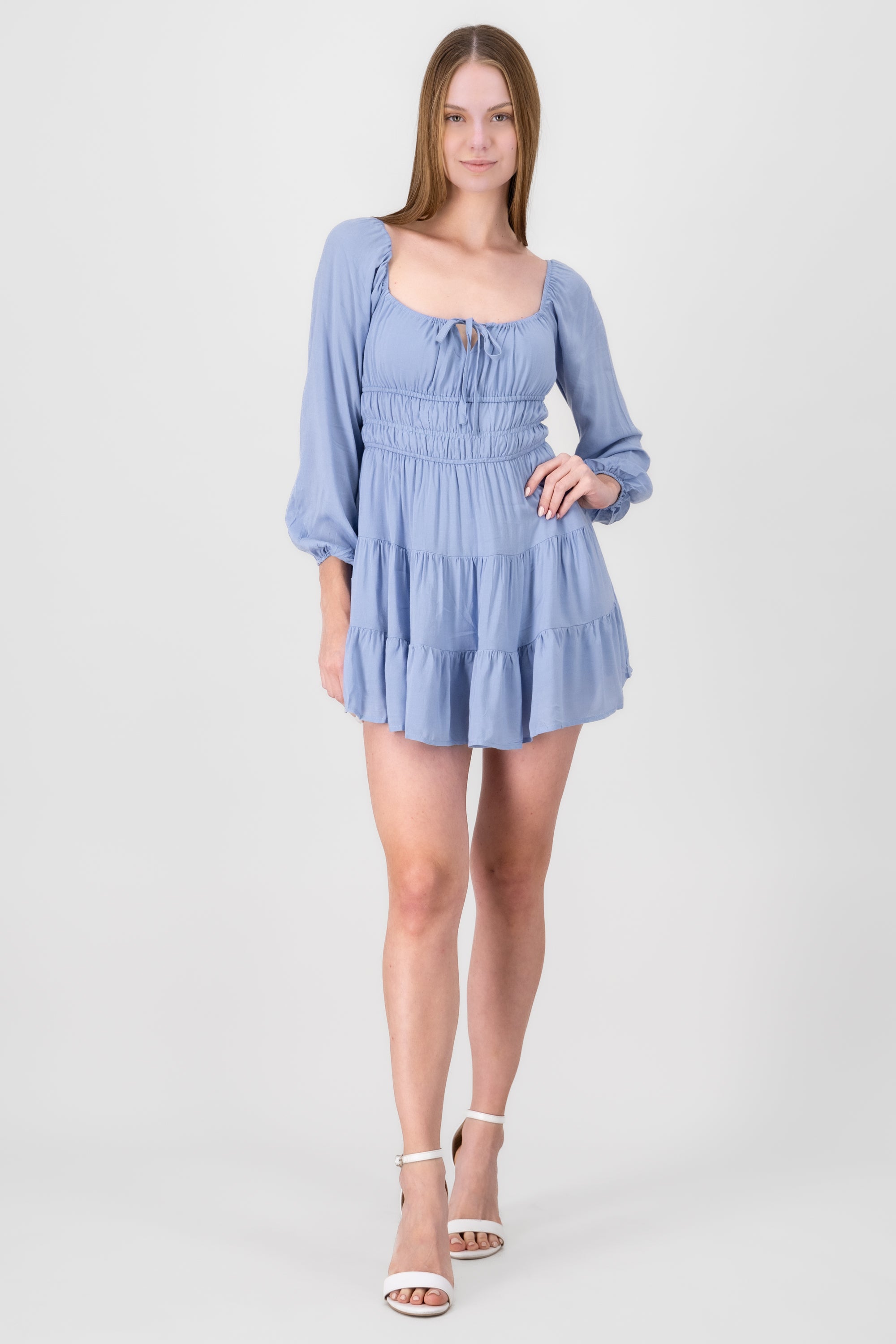 Mini long -sleeved back dress back Sky blue