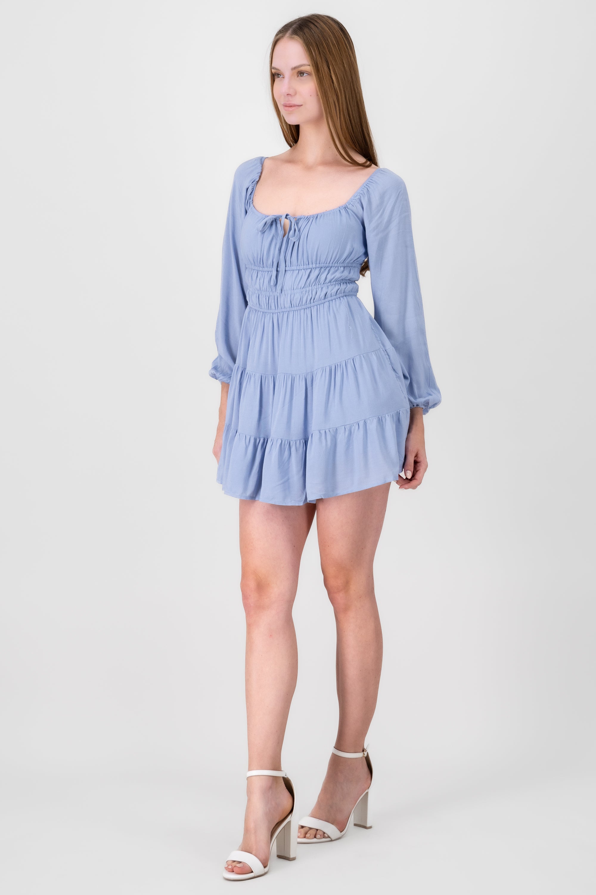 Mini long -sleeved back dress back Sky blue