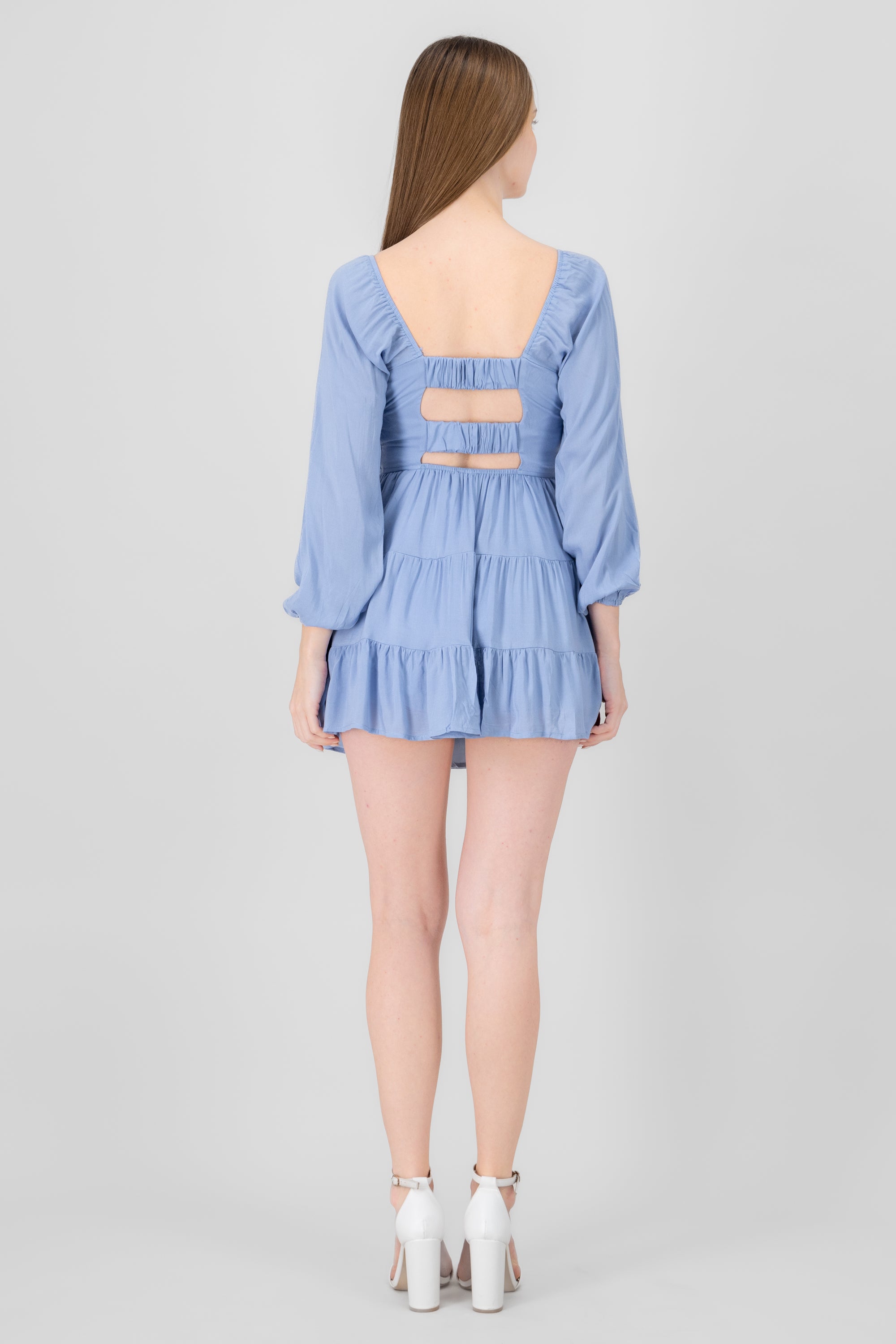 Mini long -sleeved back dress back Sky blue