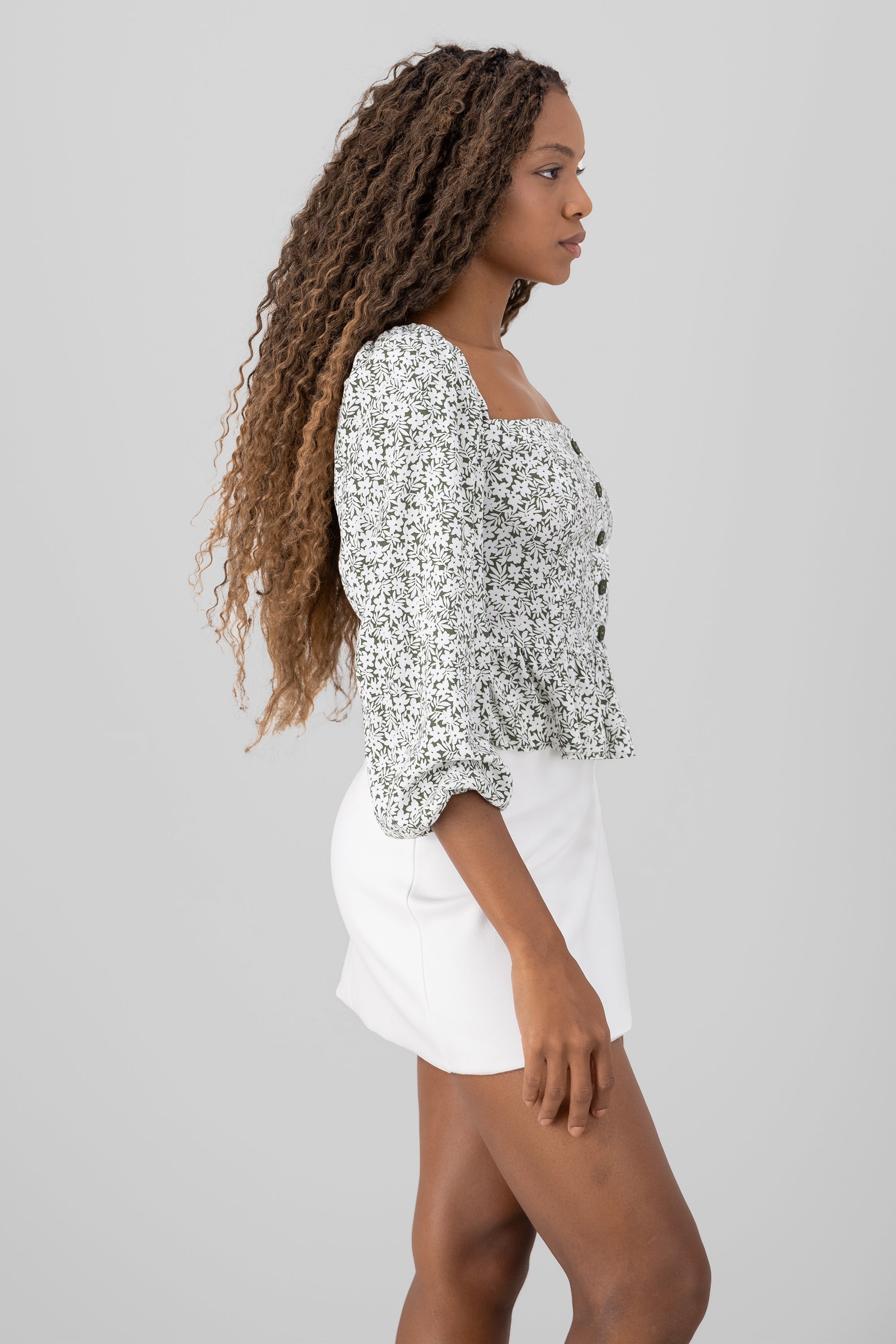 Blusa manga larga escote cuadrado floral Hypsters VERDE COMBO