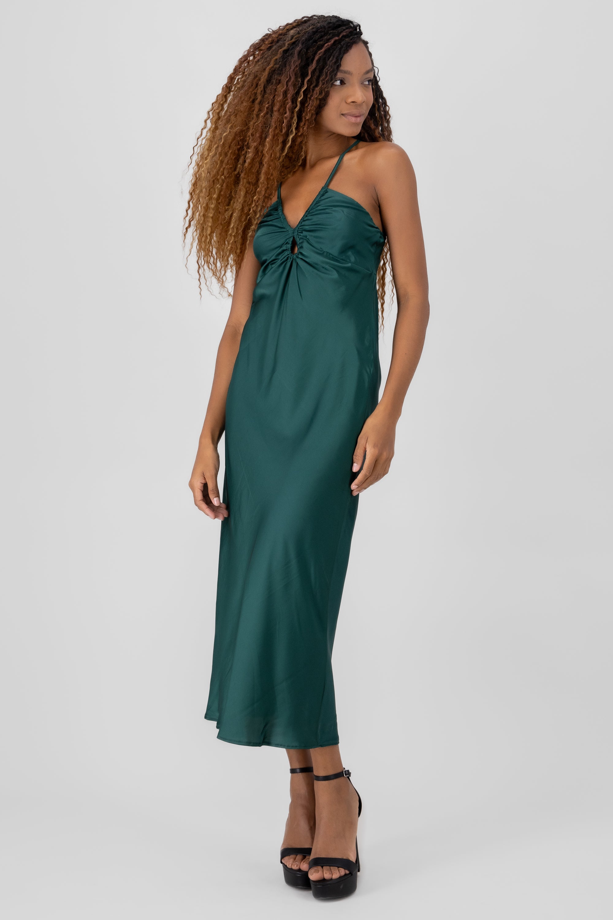 Vestido maxi detalle frunce escote VERDE BOTELLA