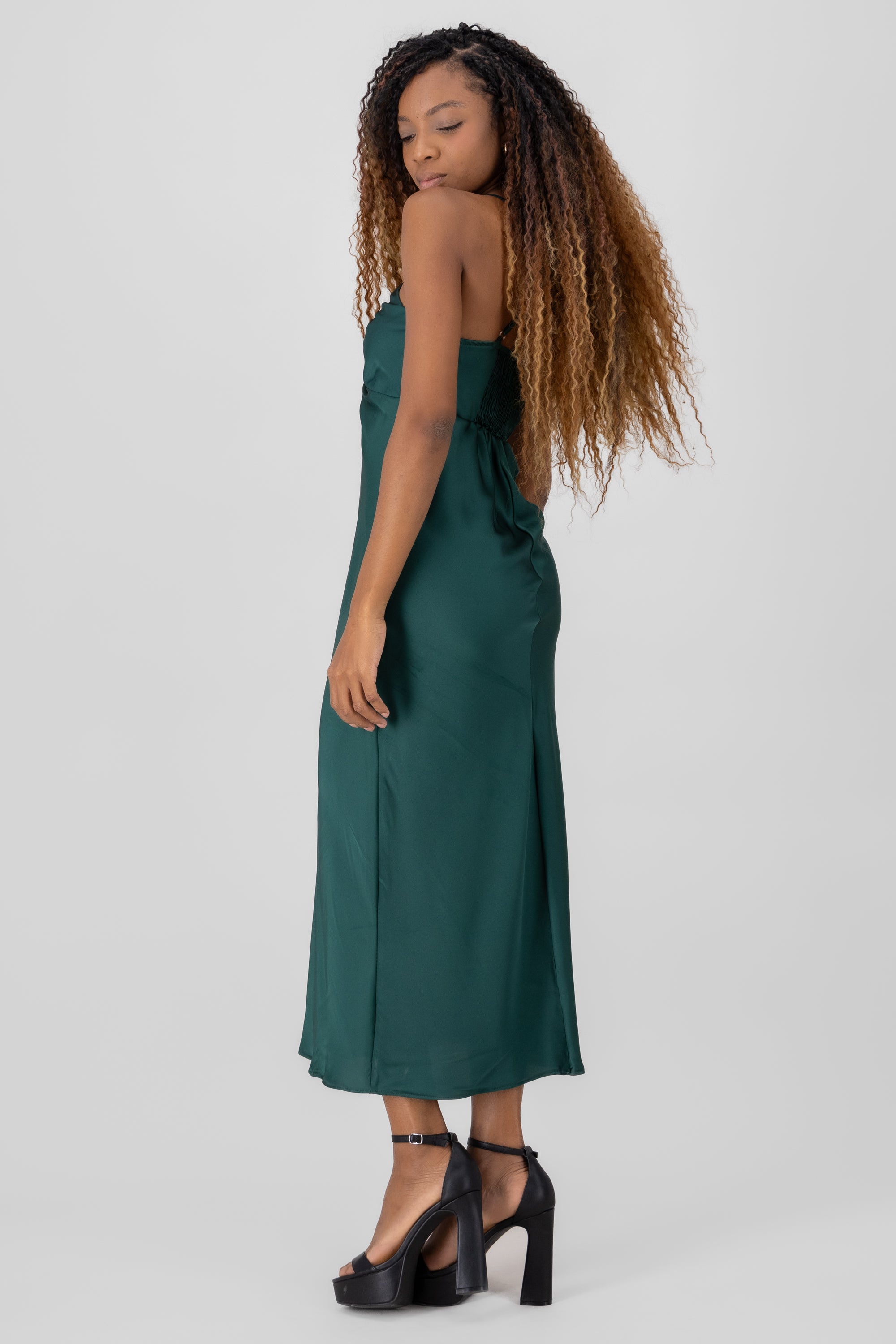 Vestido maxi detalle frunce escote VERDE BOTELLA