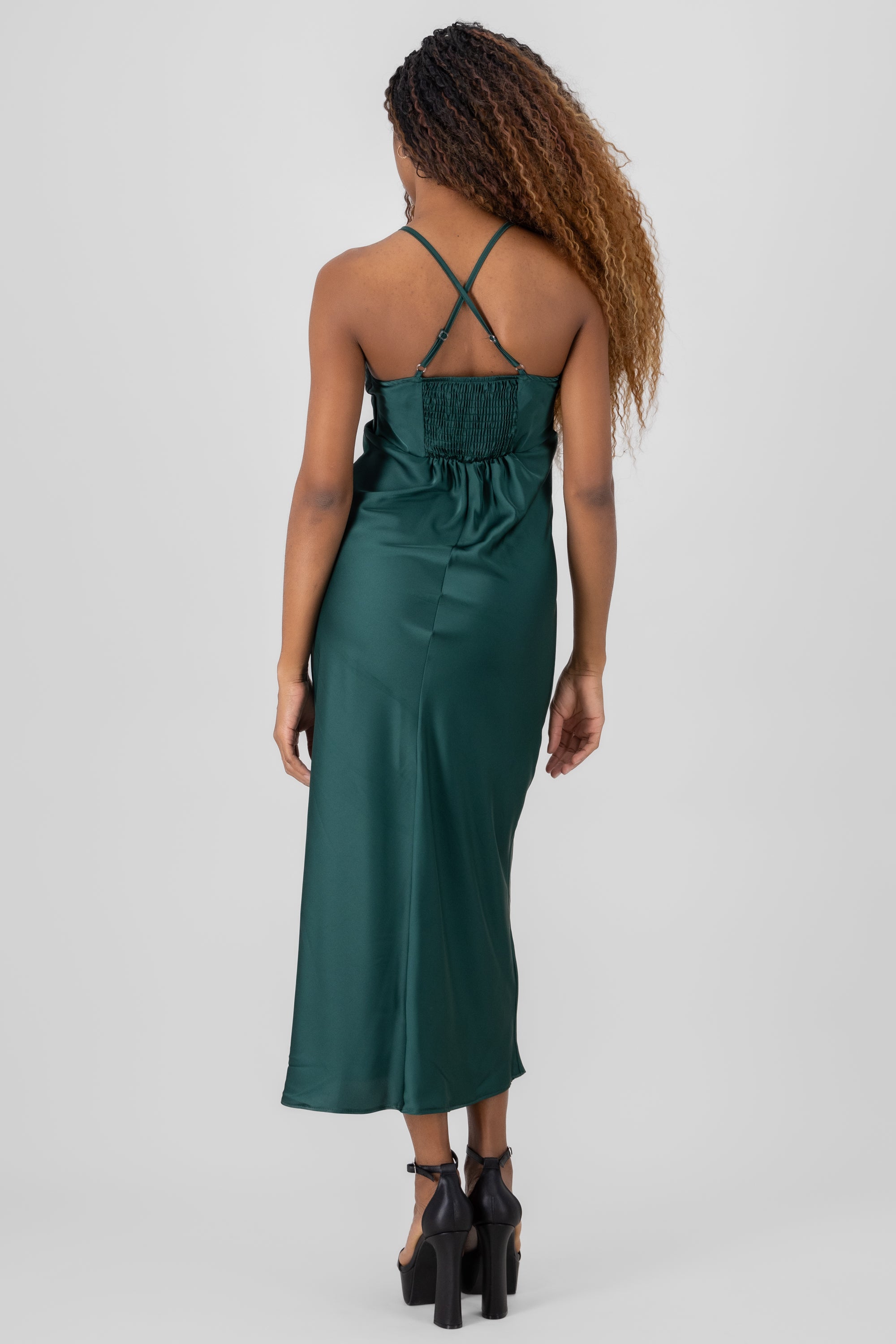 Vestido maxi detalle frunce escote VERDE BOTELLA