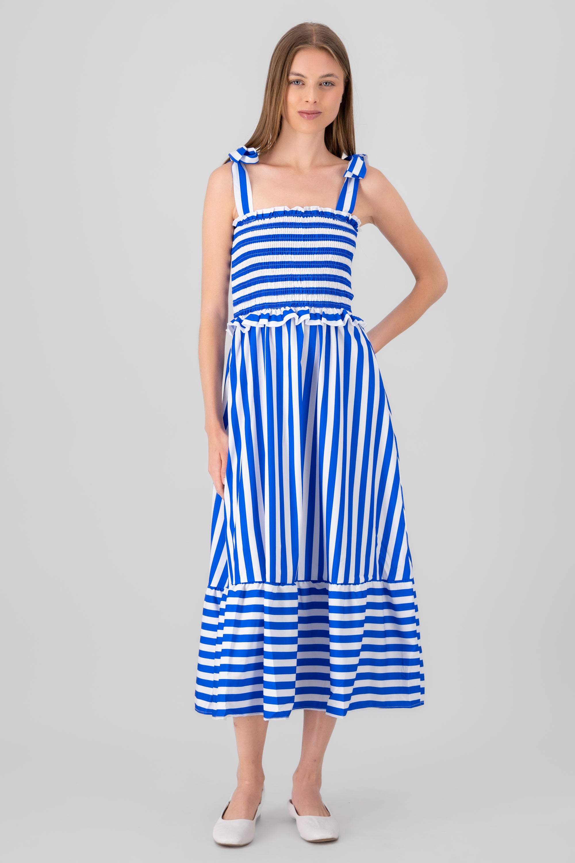 Maxi vestido smock rayas AZUL COMBO