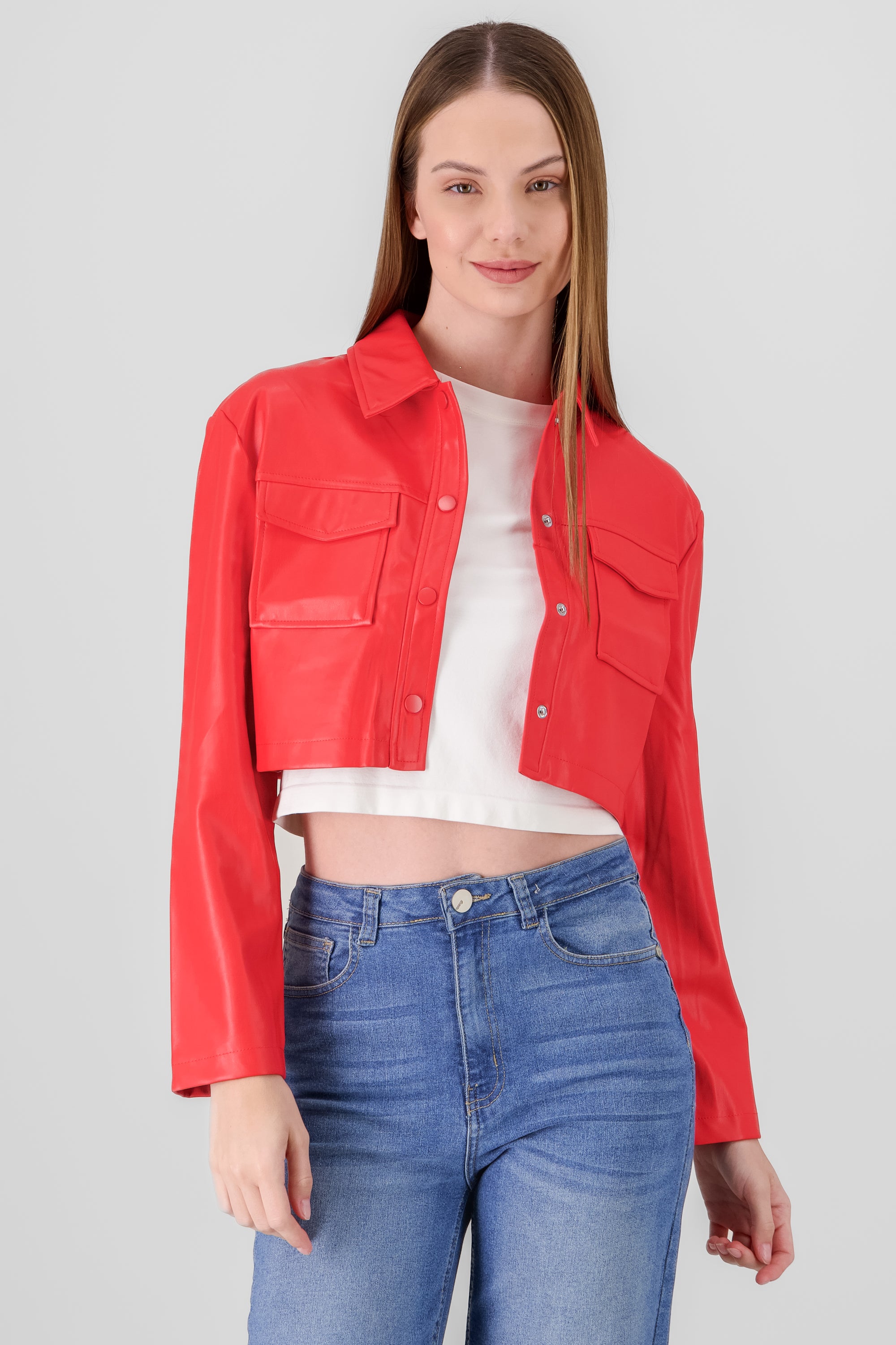 Short Pu jacket with bags RED