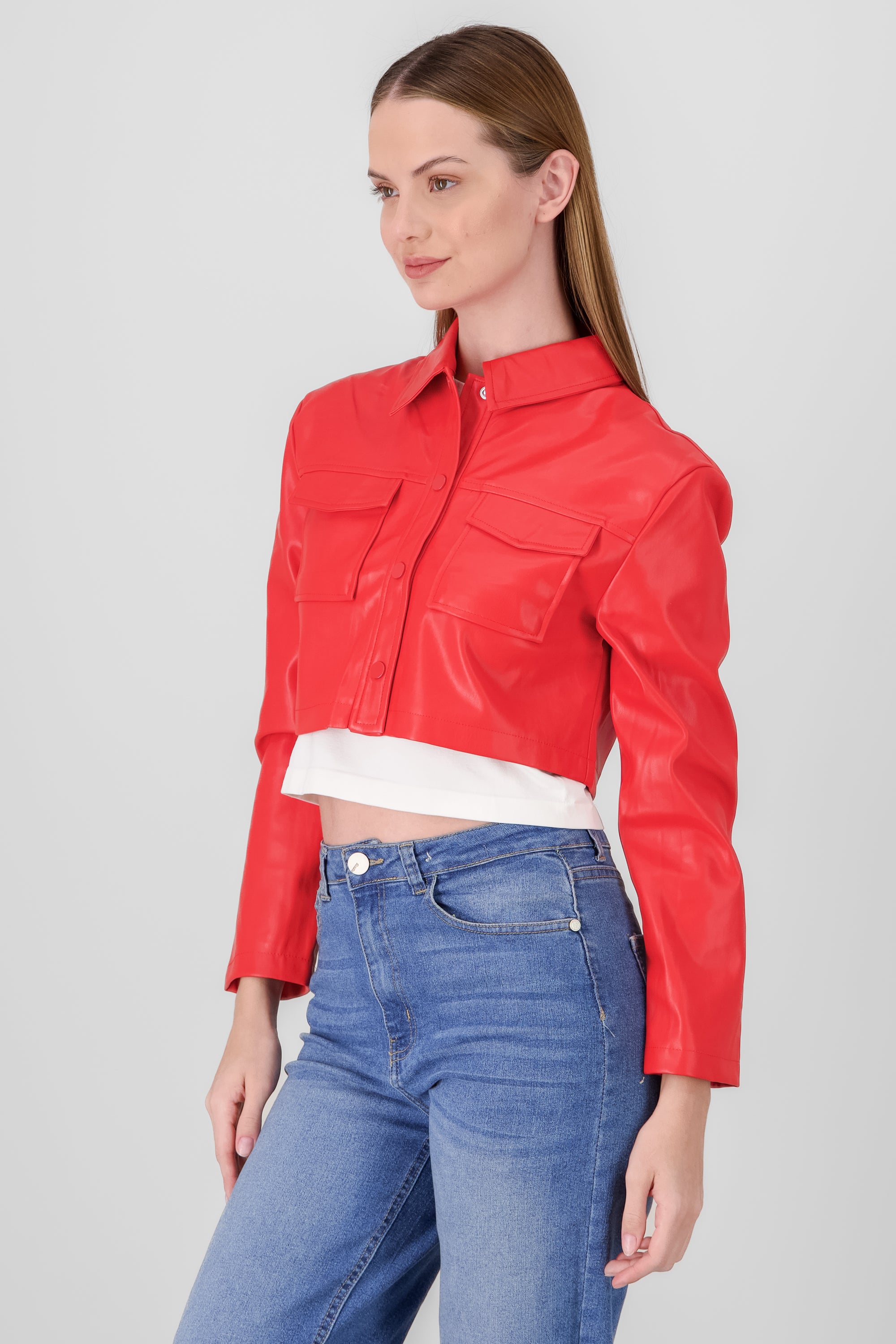 Short Pu jacket with bags RED