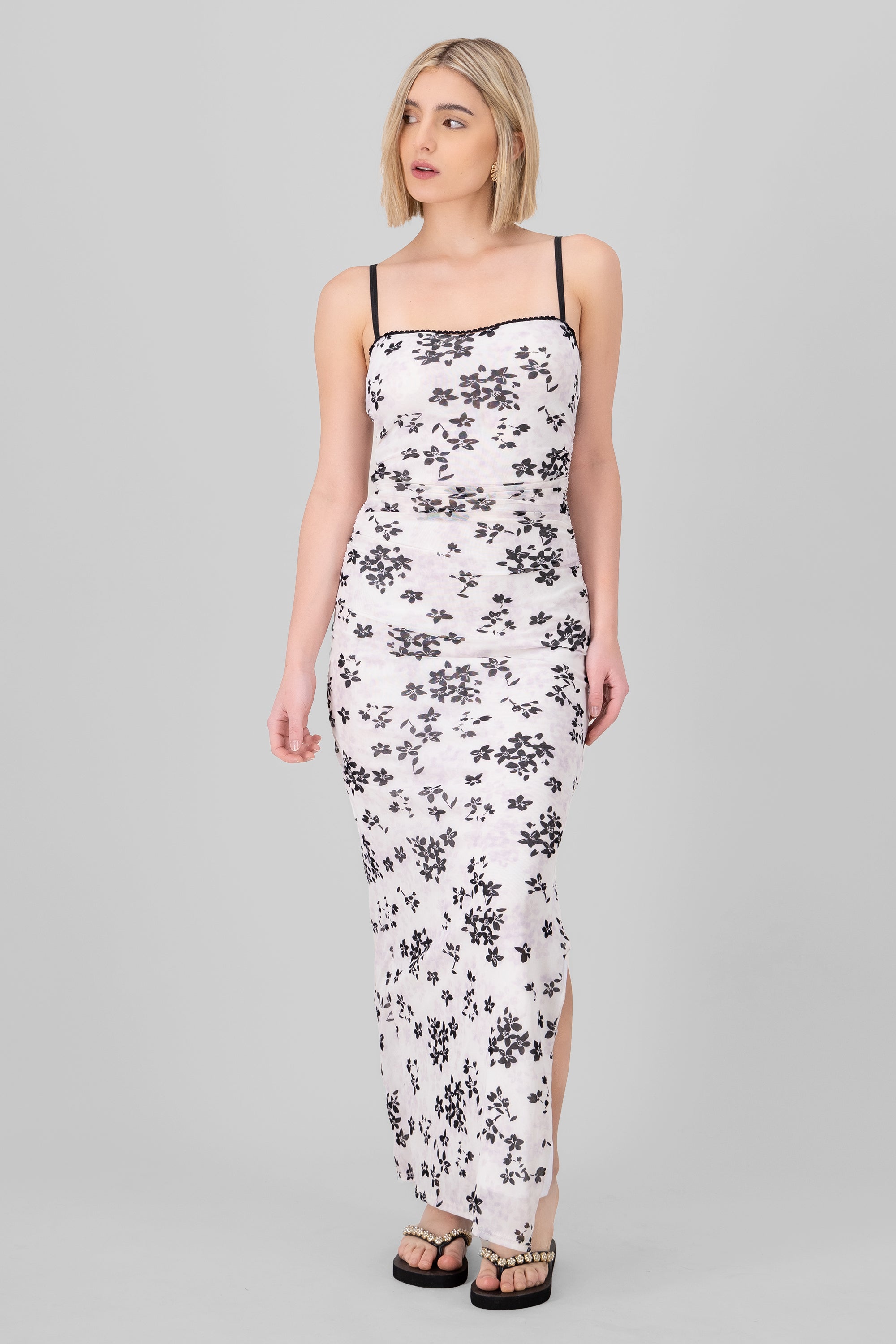 Vestido maxi drapeado flores BLANCO COMBO