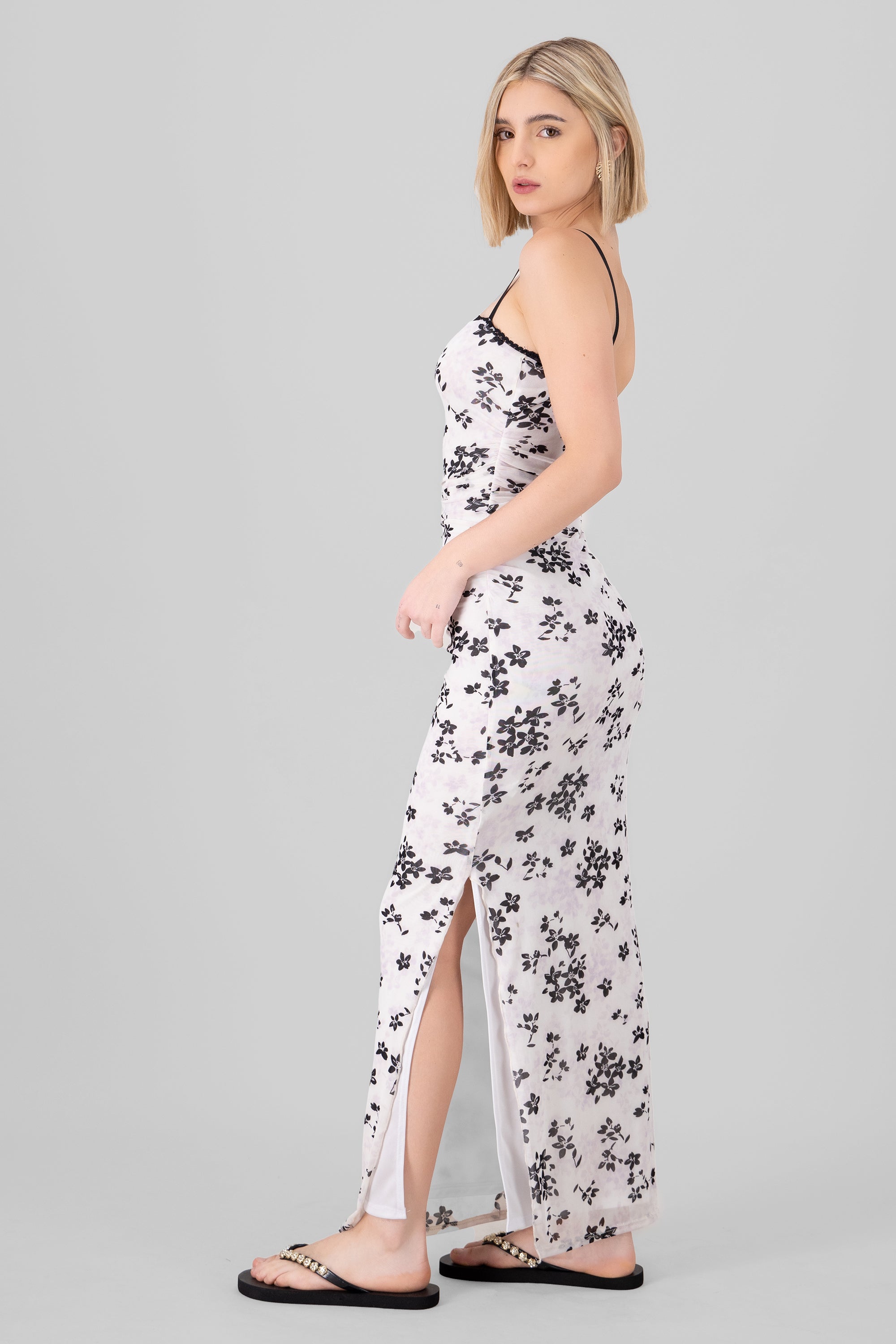 Vestido maxi drapeado flores BLANCO COMBO