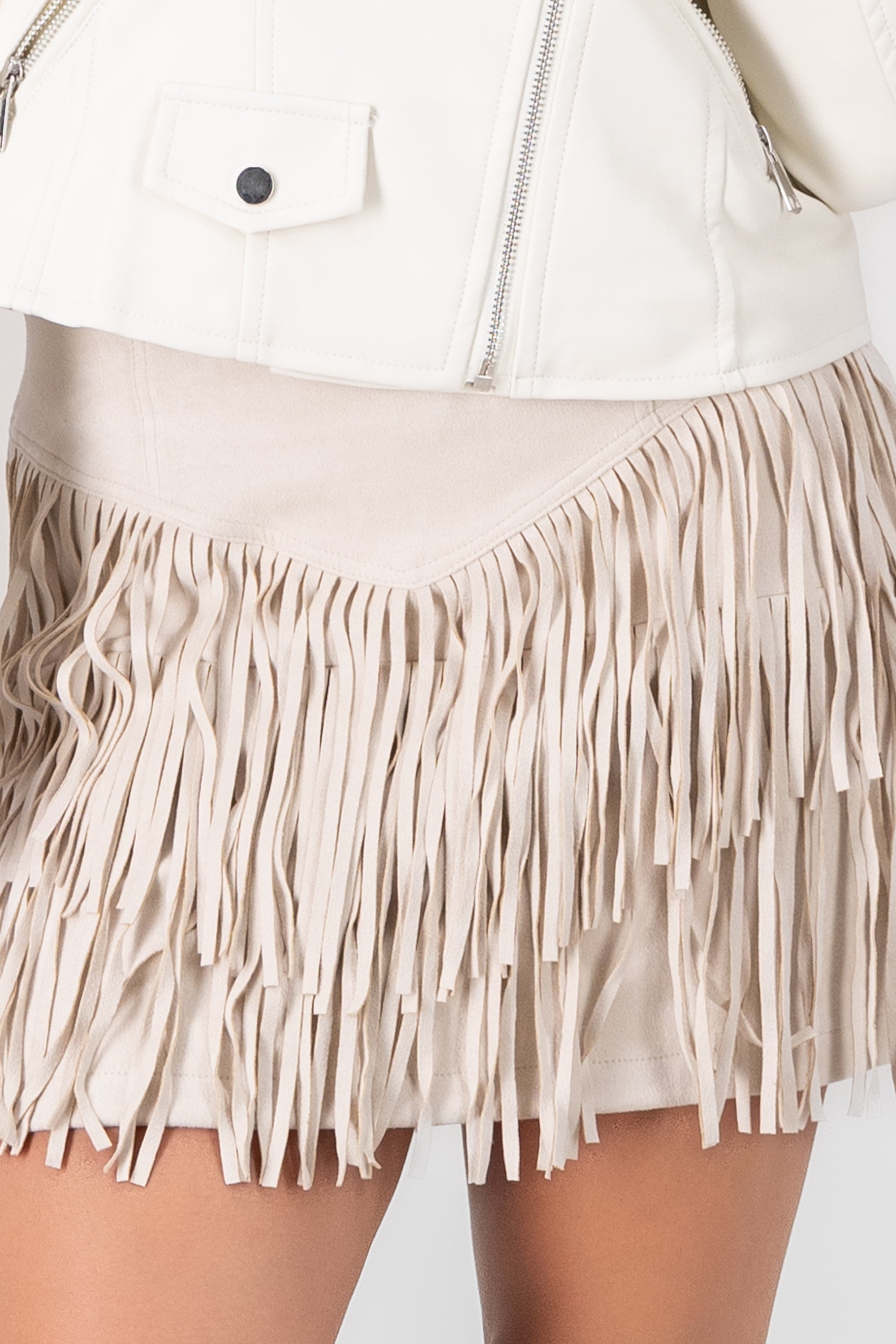 Mini suede skirt detail fringes CREAM