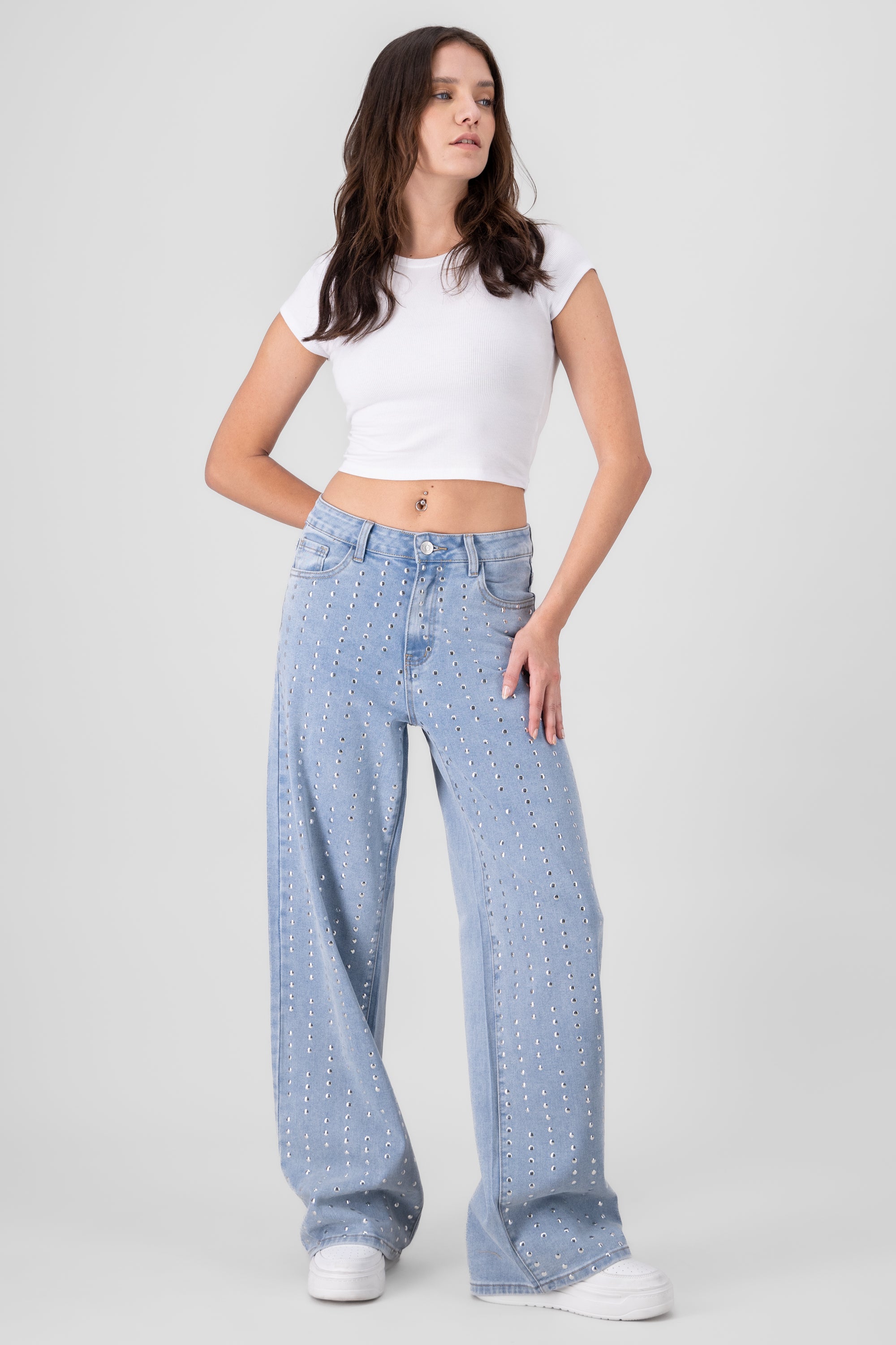 Jeans wide leg strips shine Light Wash