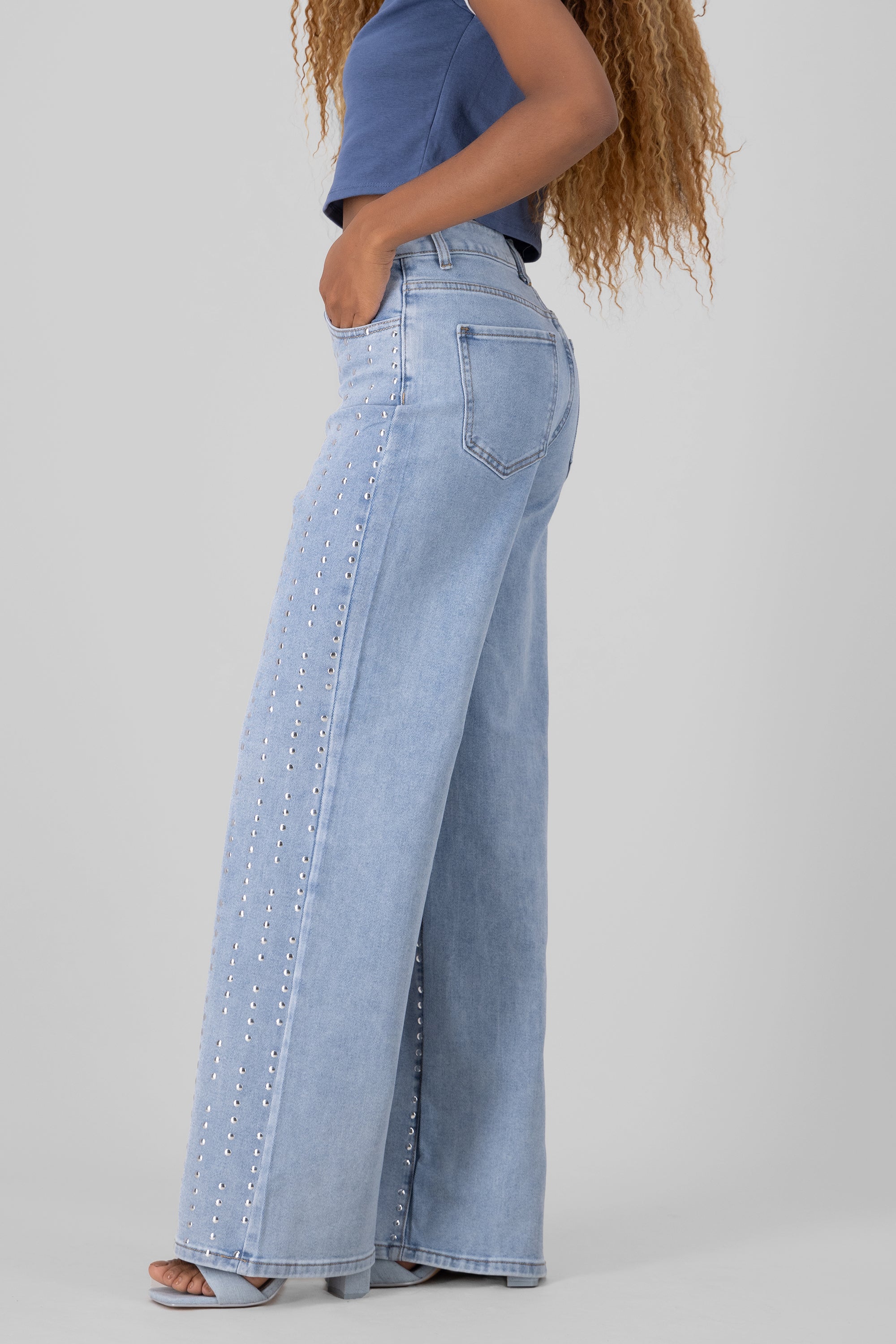 Jeans wide leg tiras brillos LIGHT WASH