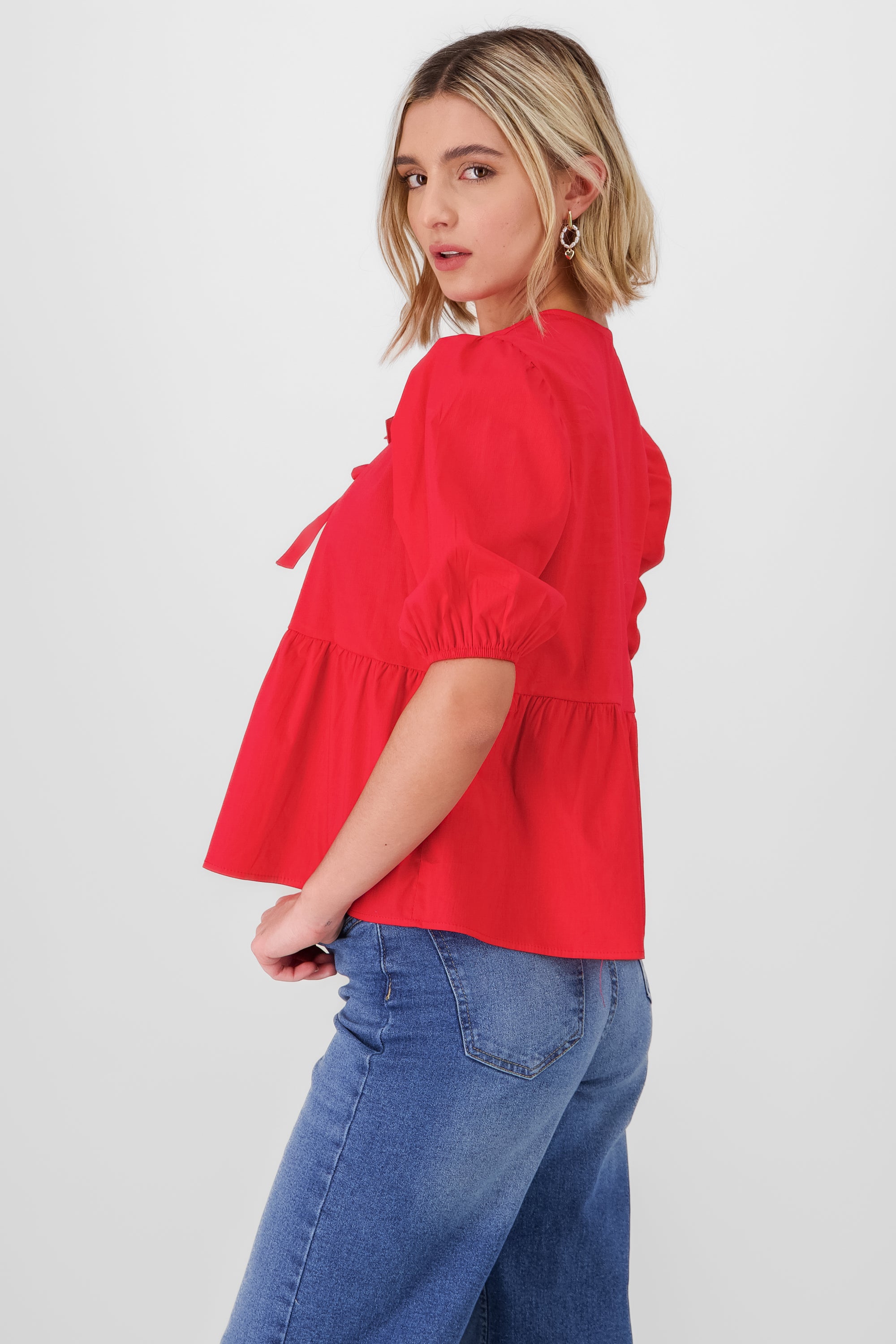 Blouse Mangas Bulled Moños Detail RED