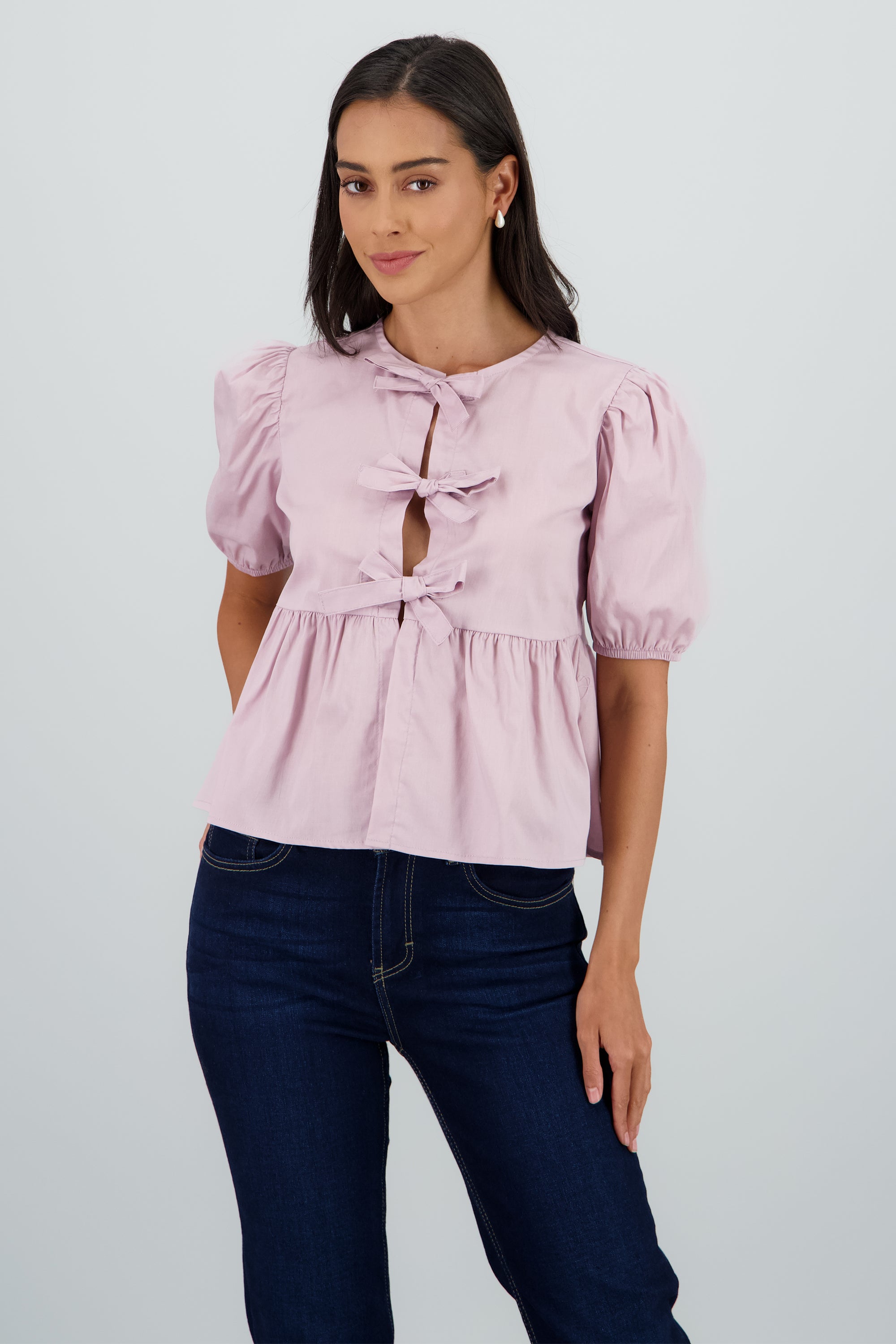 Blusa mangas abullonadas detalle moños ROSA PASTEL