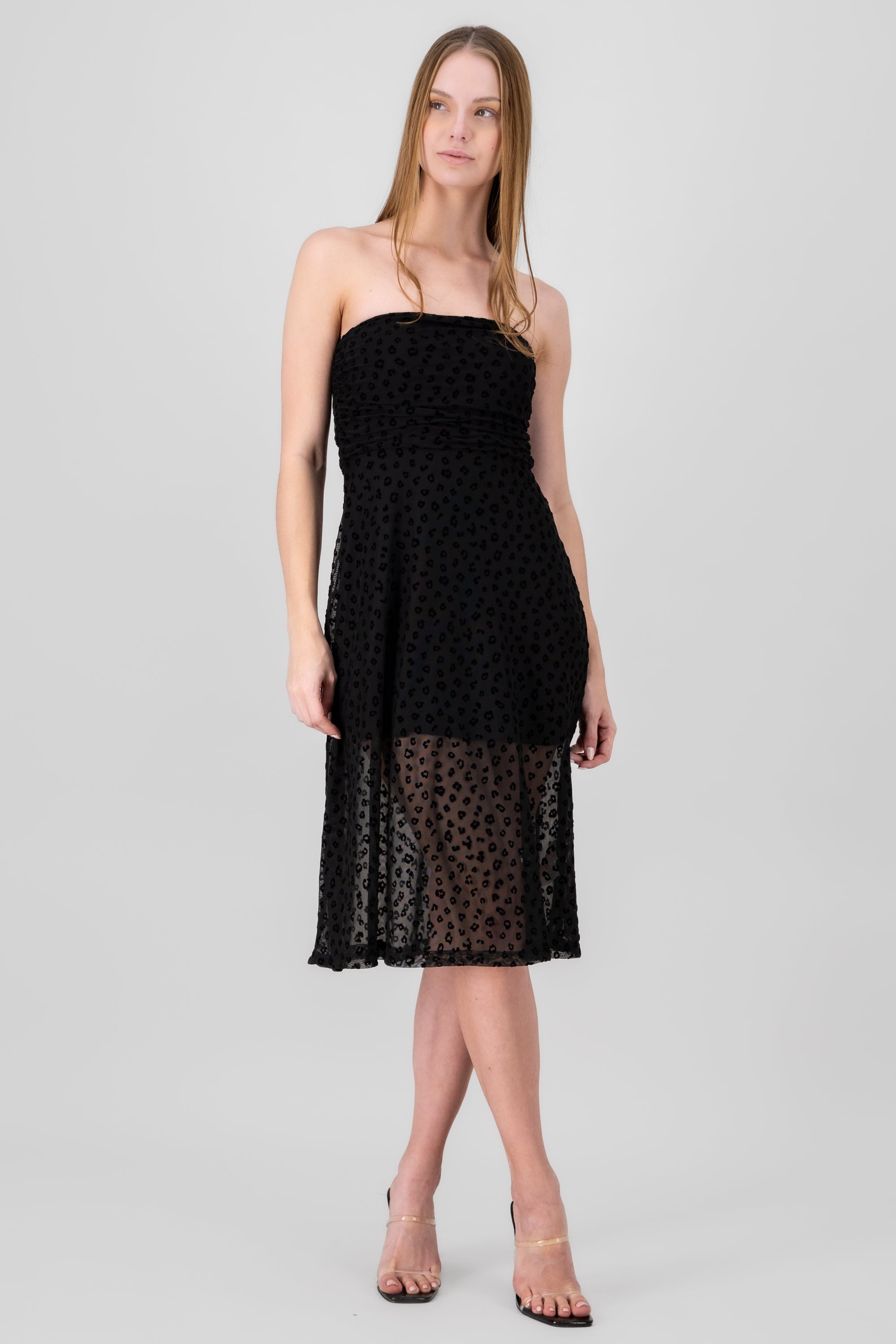 Mesh flock animal print dress BLACK