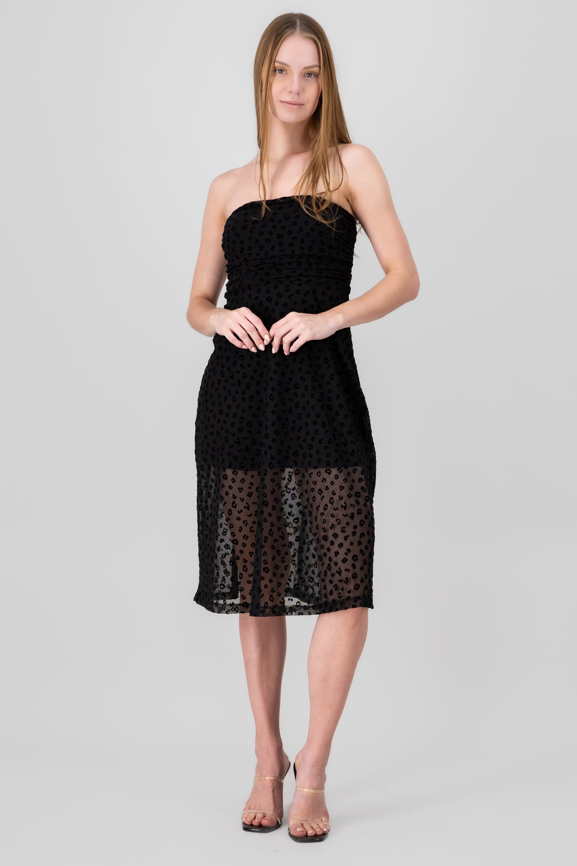 Mesh flock animal print dress BLACK