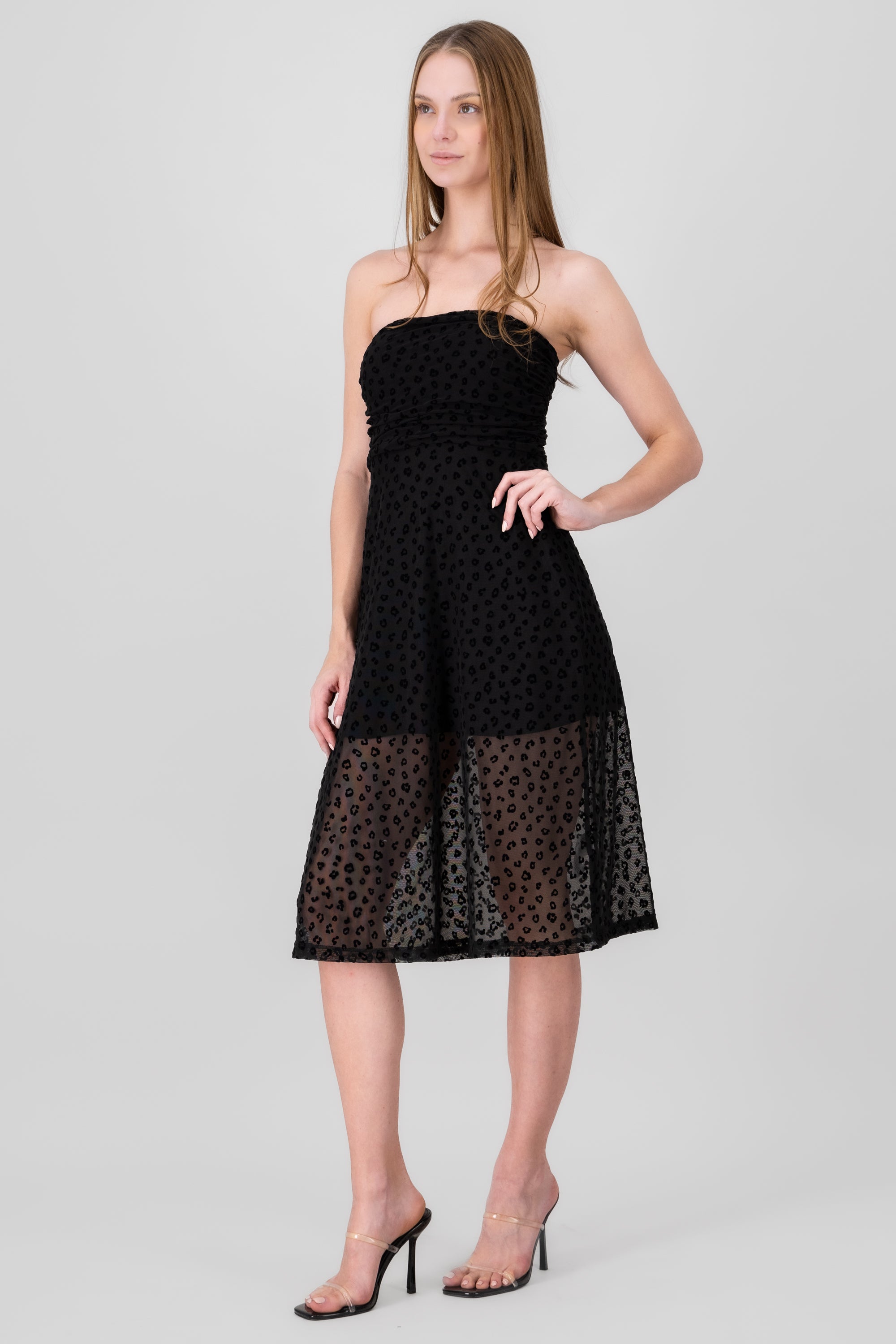 Mesh flock animal print dress BLACK