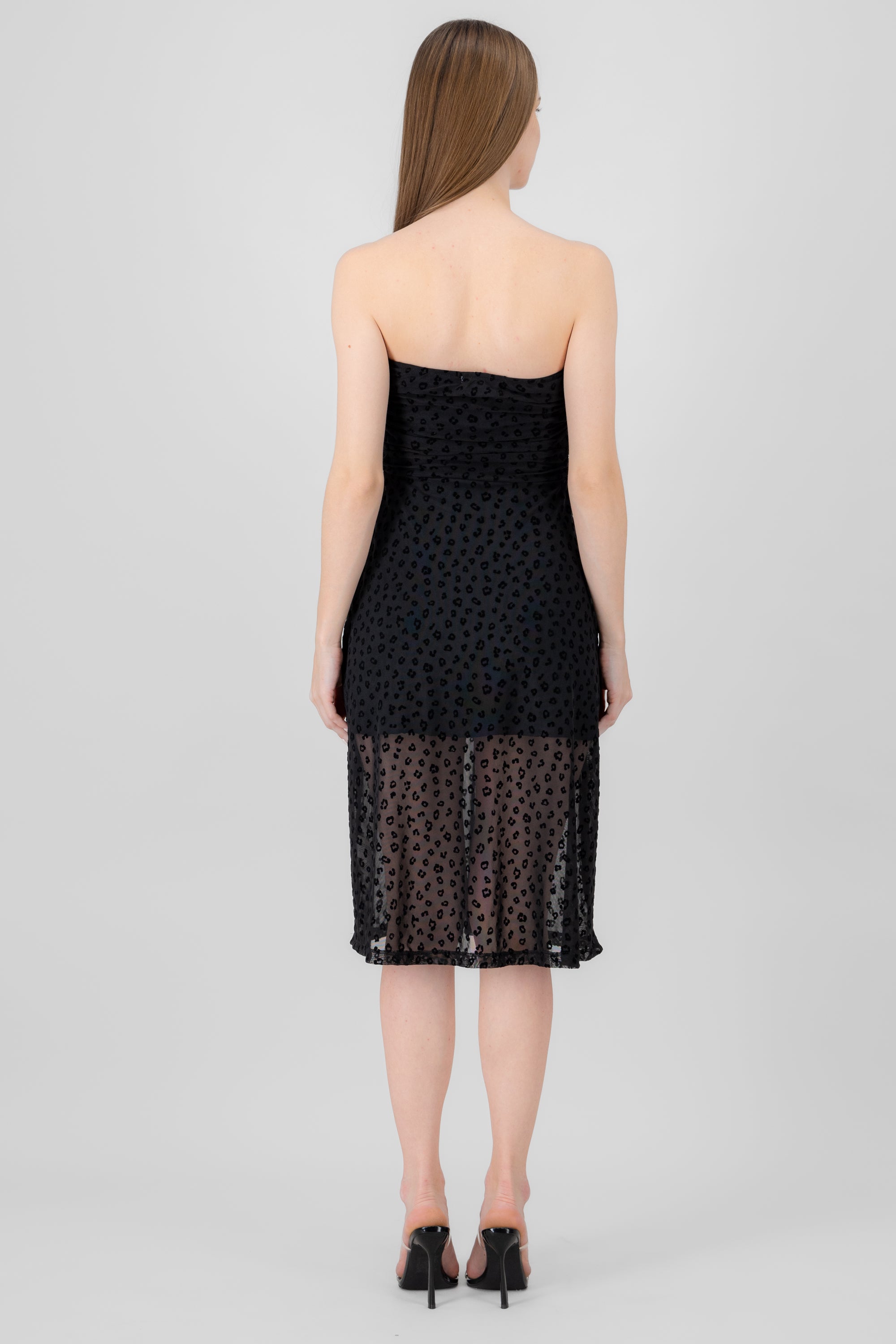 Mesh flock animal print dress BLACK