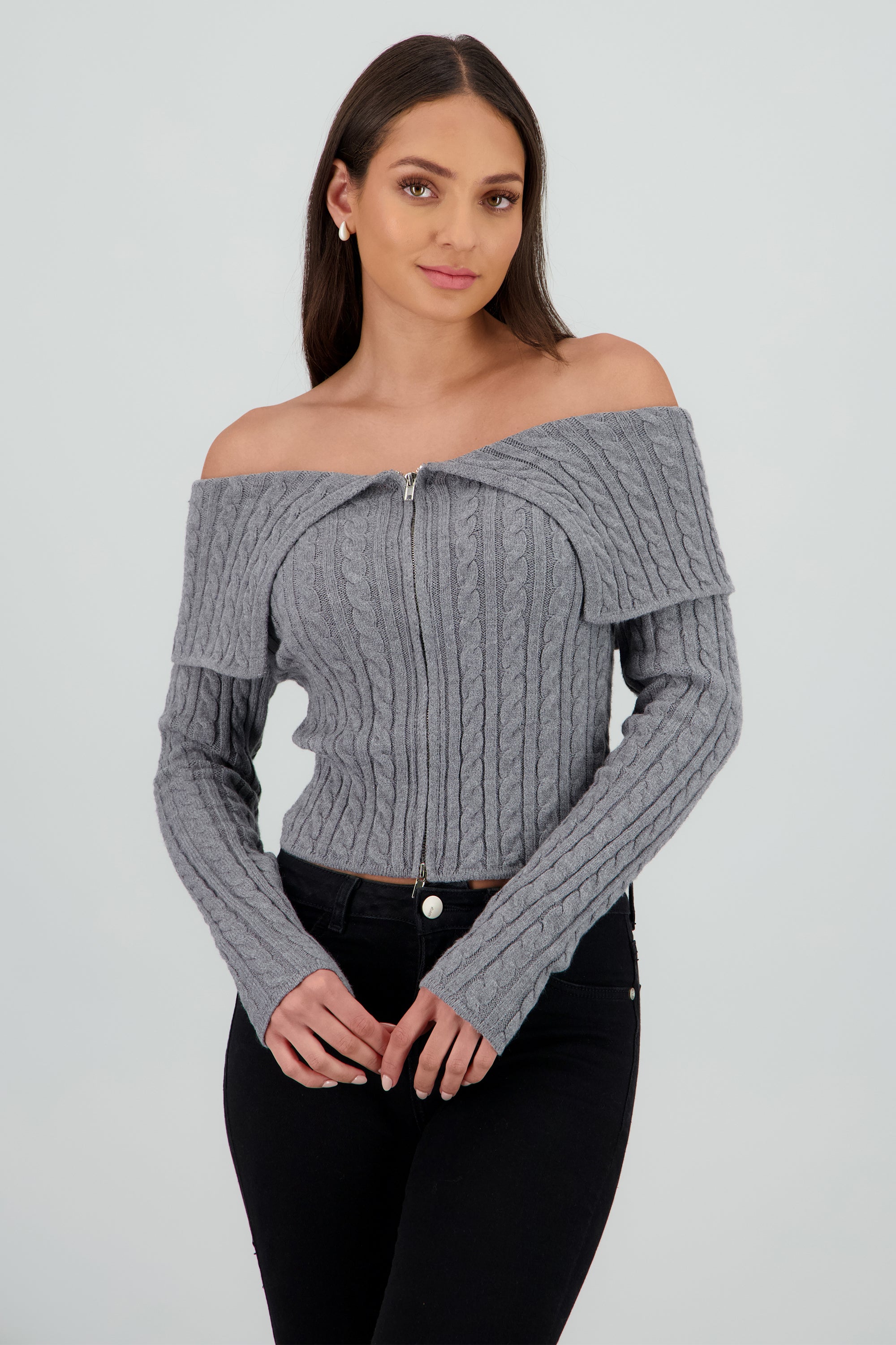 Cardigan hombros caidos sueter GRIS JASPE