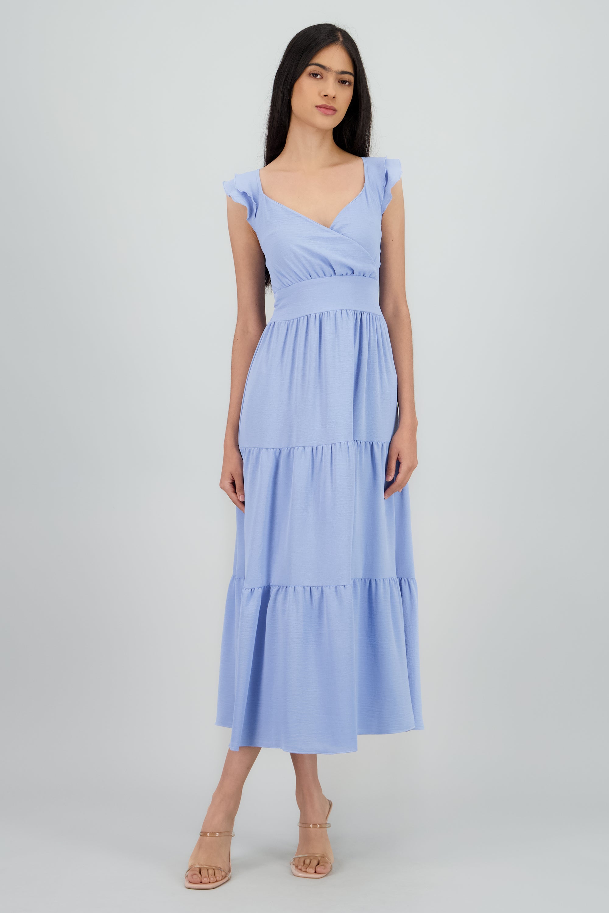 Vestido maxi con olanes AZUL PASTEL