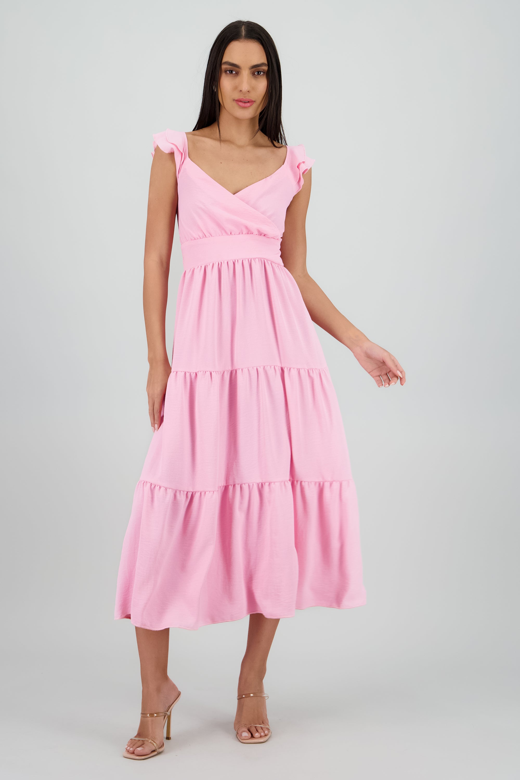 Vestido maxi con olanes ROSA PASTEL