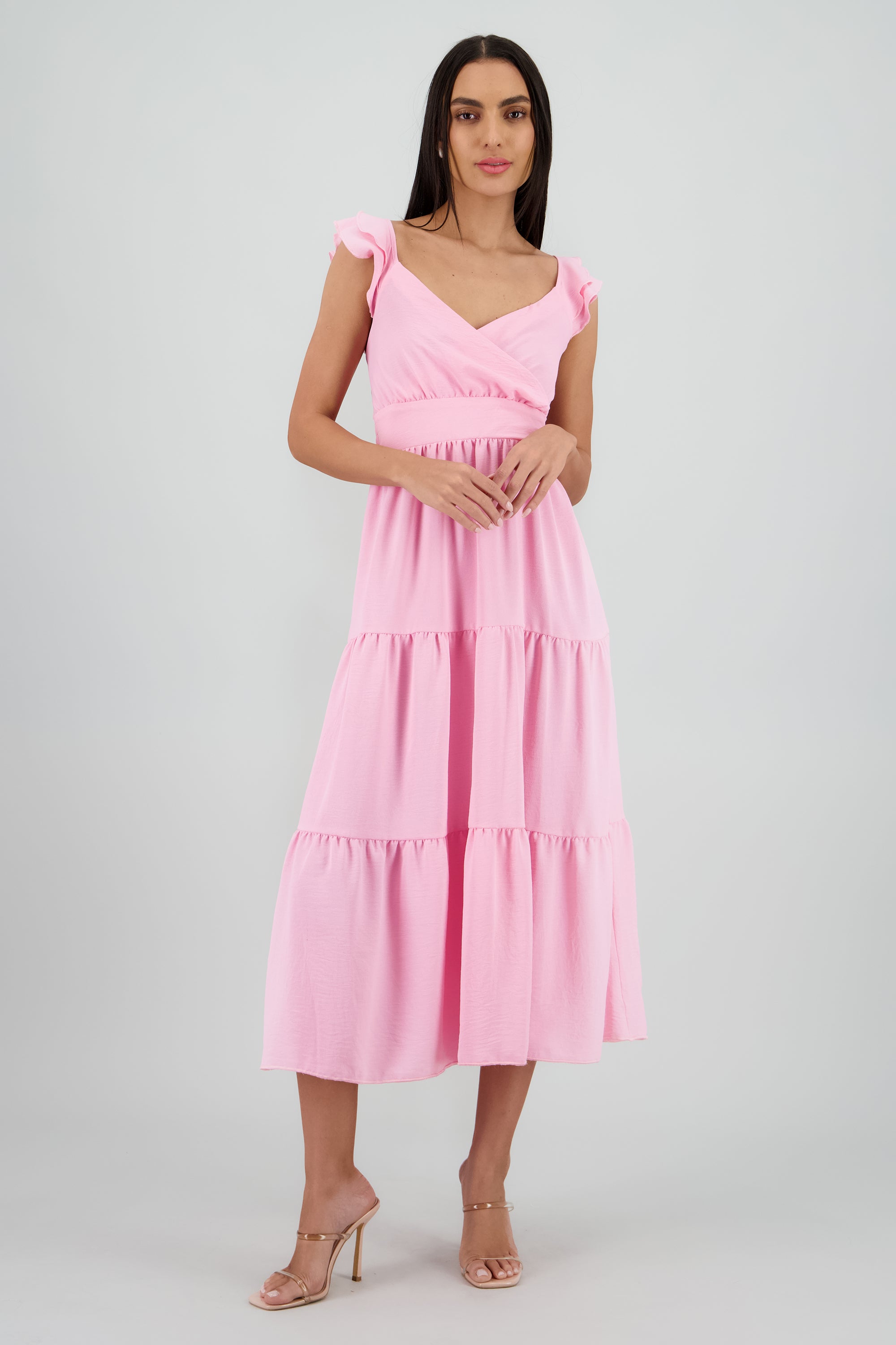 Vestido maxi con olanes ROSA PASTEL