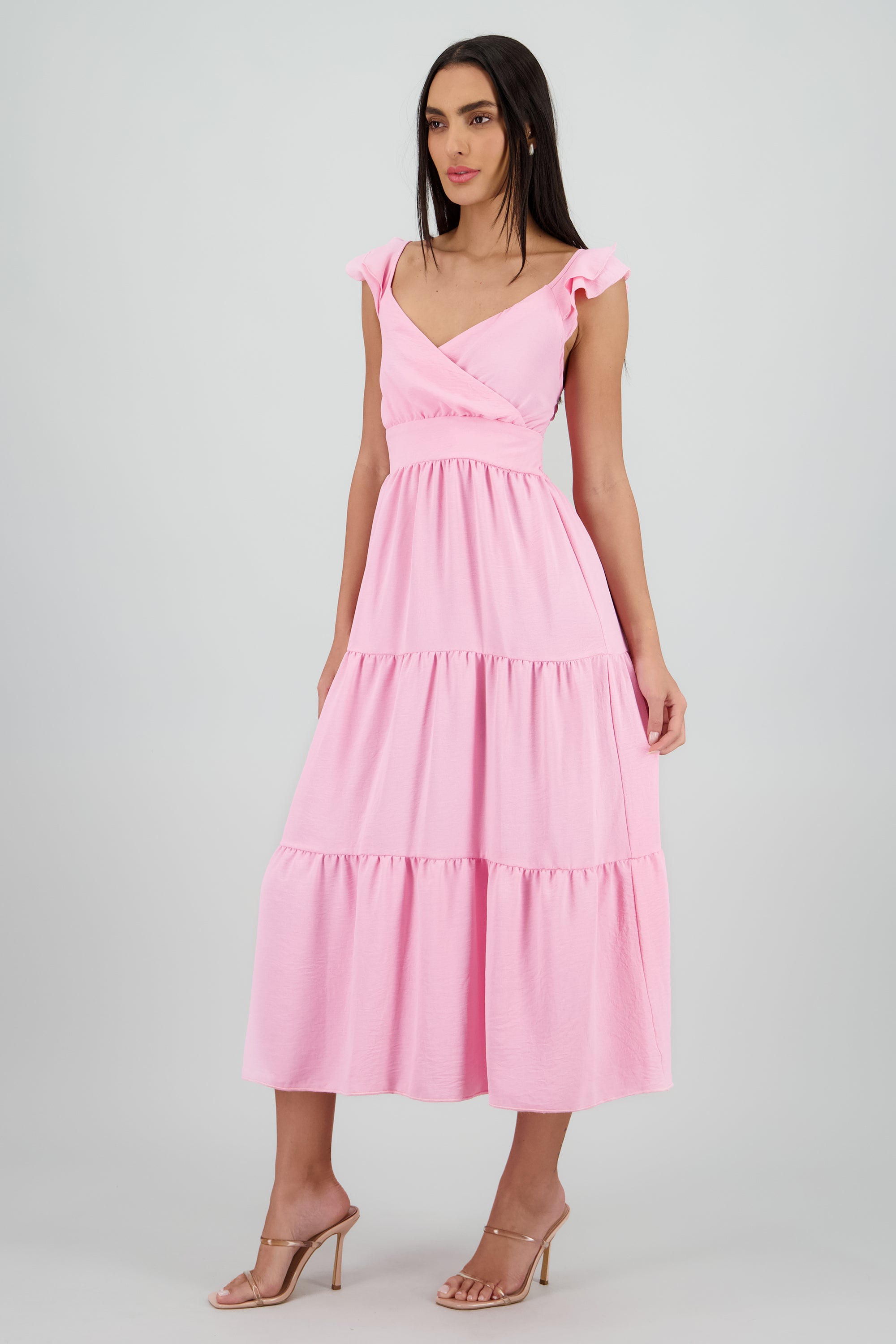 Vestido maxi con olanes ROSA PASTEL