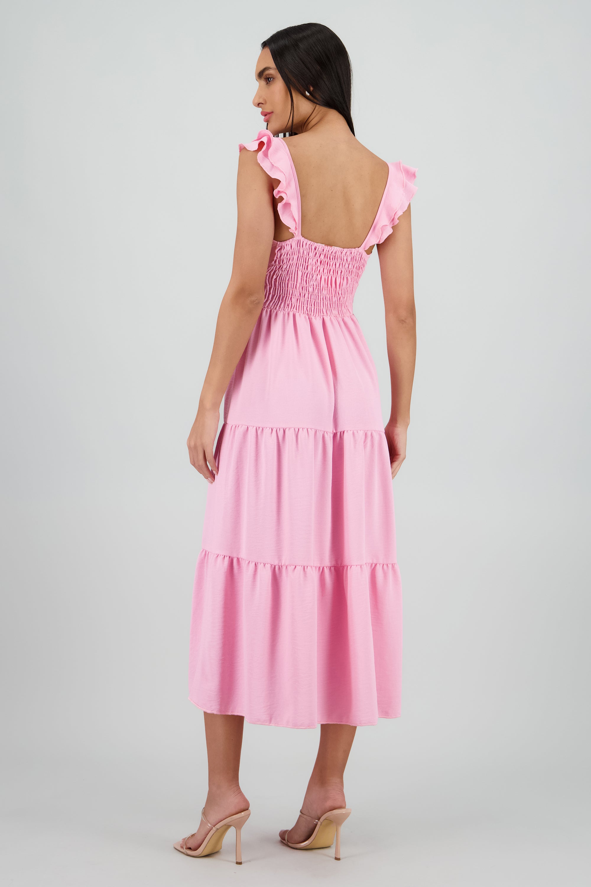 Vestido maxi con olanes ROSA PASTEL