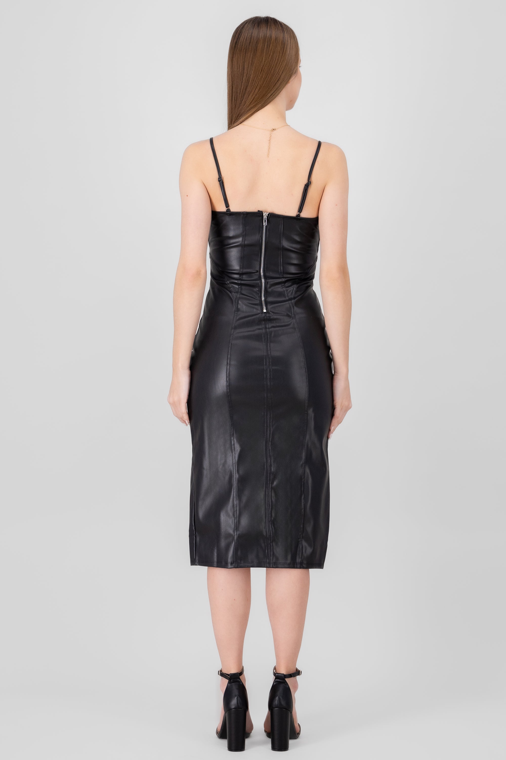 Midi Leather Effect Dress With Cups BLACK