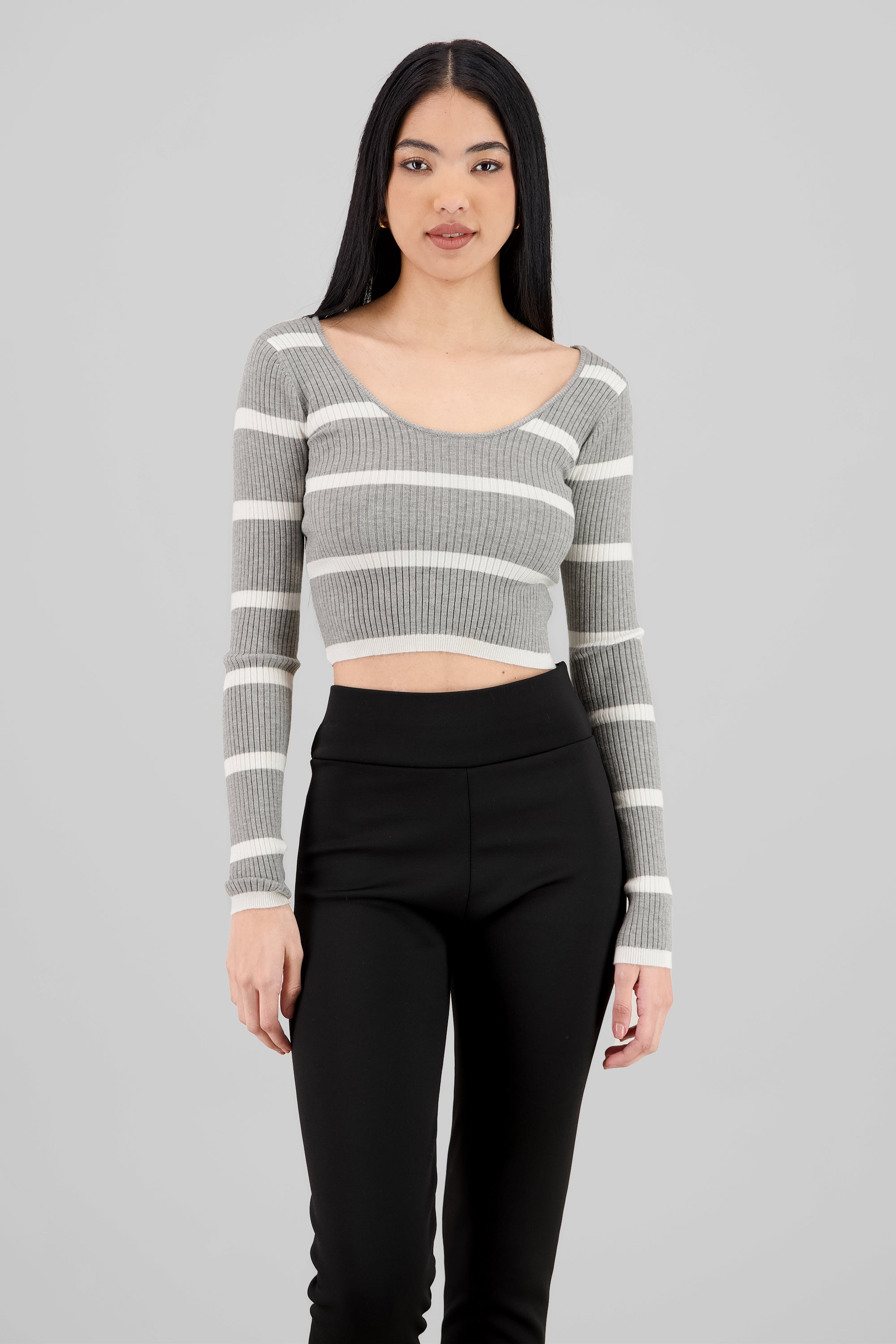 Sueter rayas cuello redondo GRIS COMBO