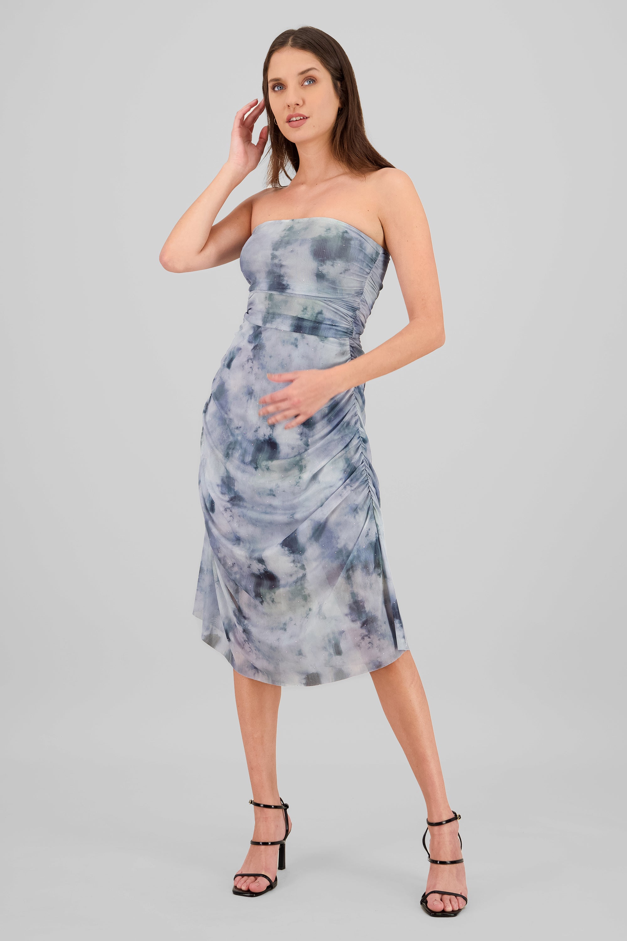 Vestido midi mesh brillos GRIS COMBO