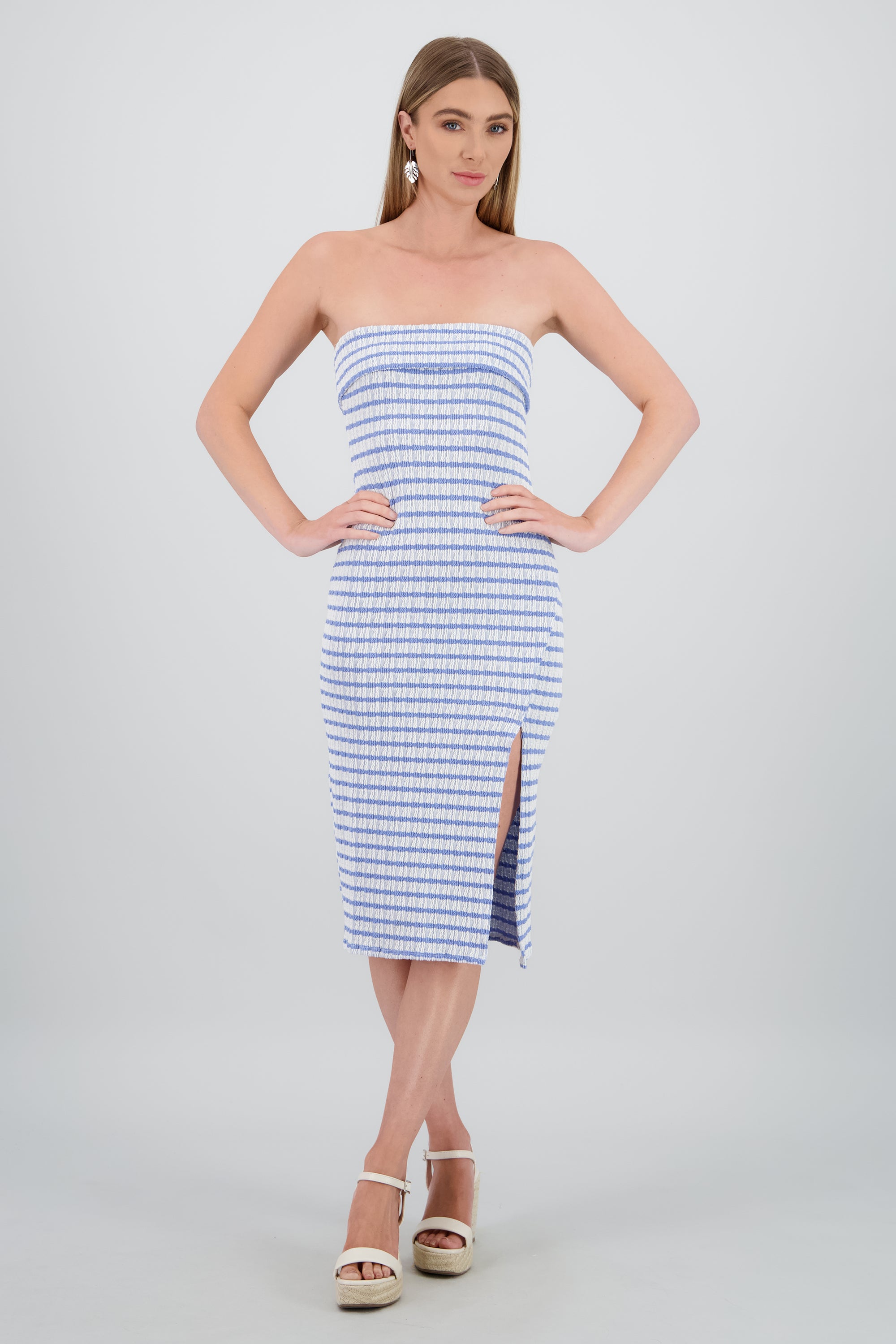 Vestido strapless estampado rayas AZUL CIELO