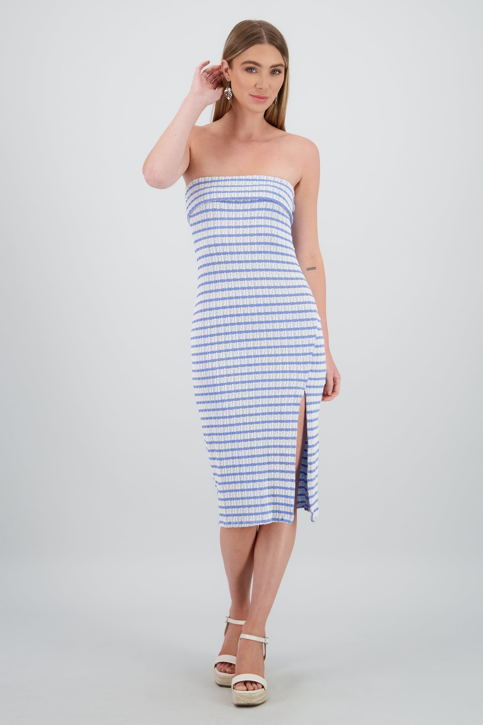 Vestido strapless estampado rayas AZUL CIELO