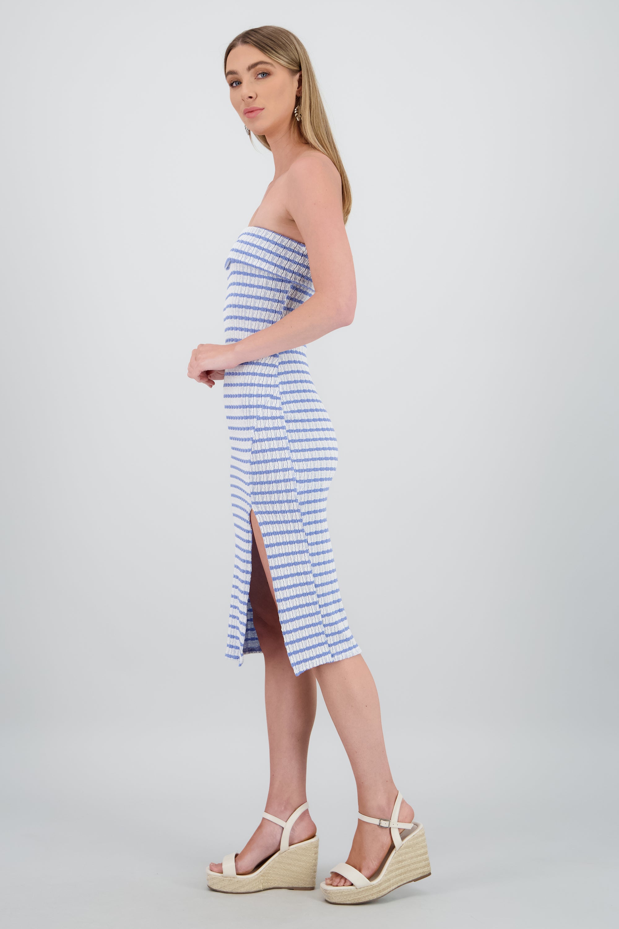 Vestido strapless estampado rayas AZUL CIELO