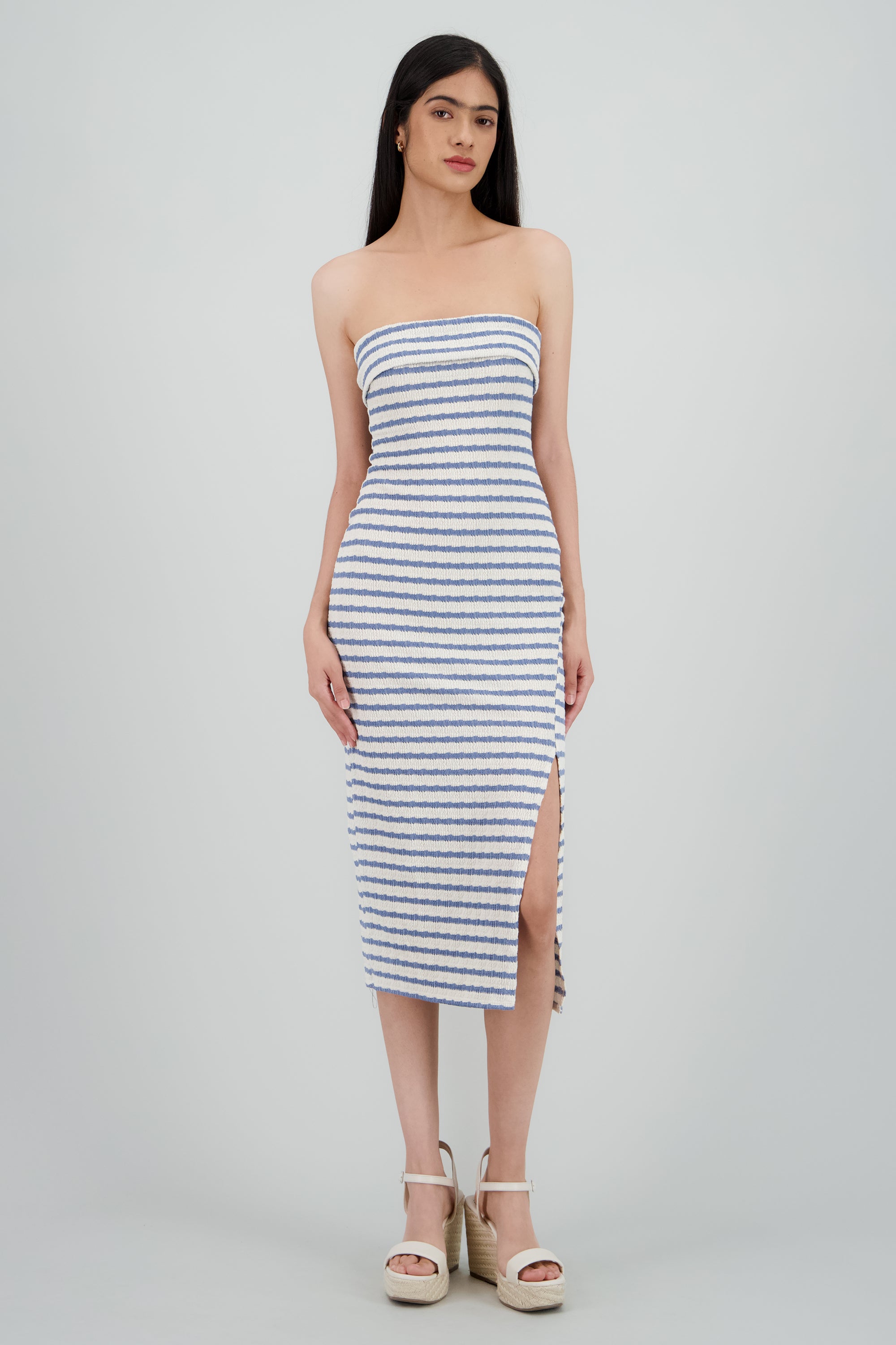 Vestido strapless estampado rayas AZUL COMBO