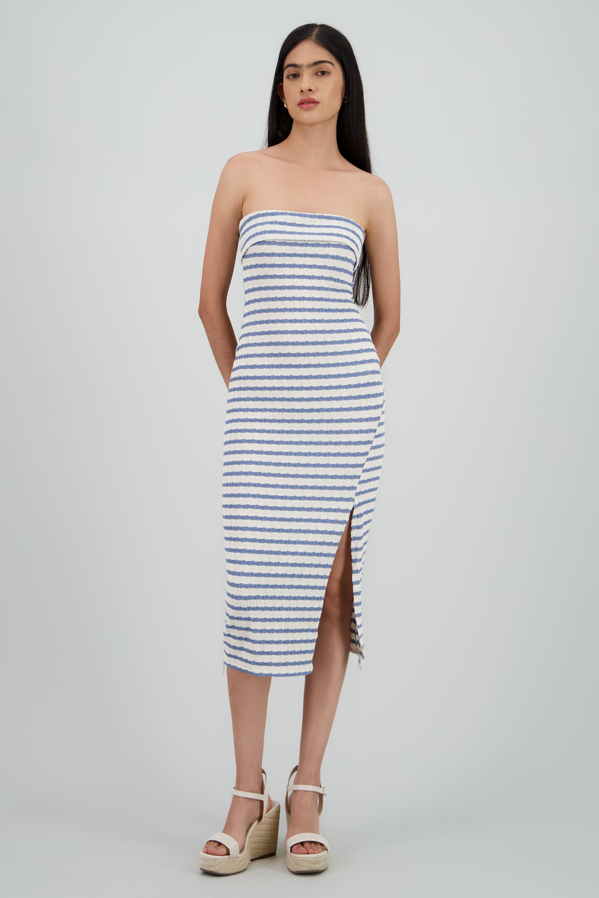 Vestido strapless estampado rayas AZUL COMBO
