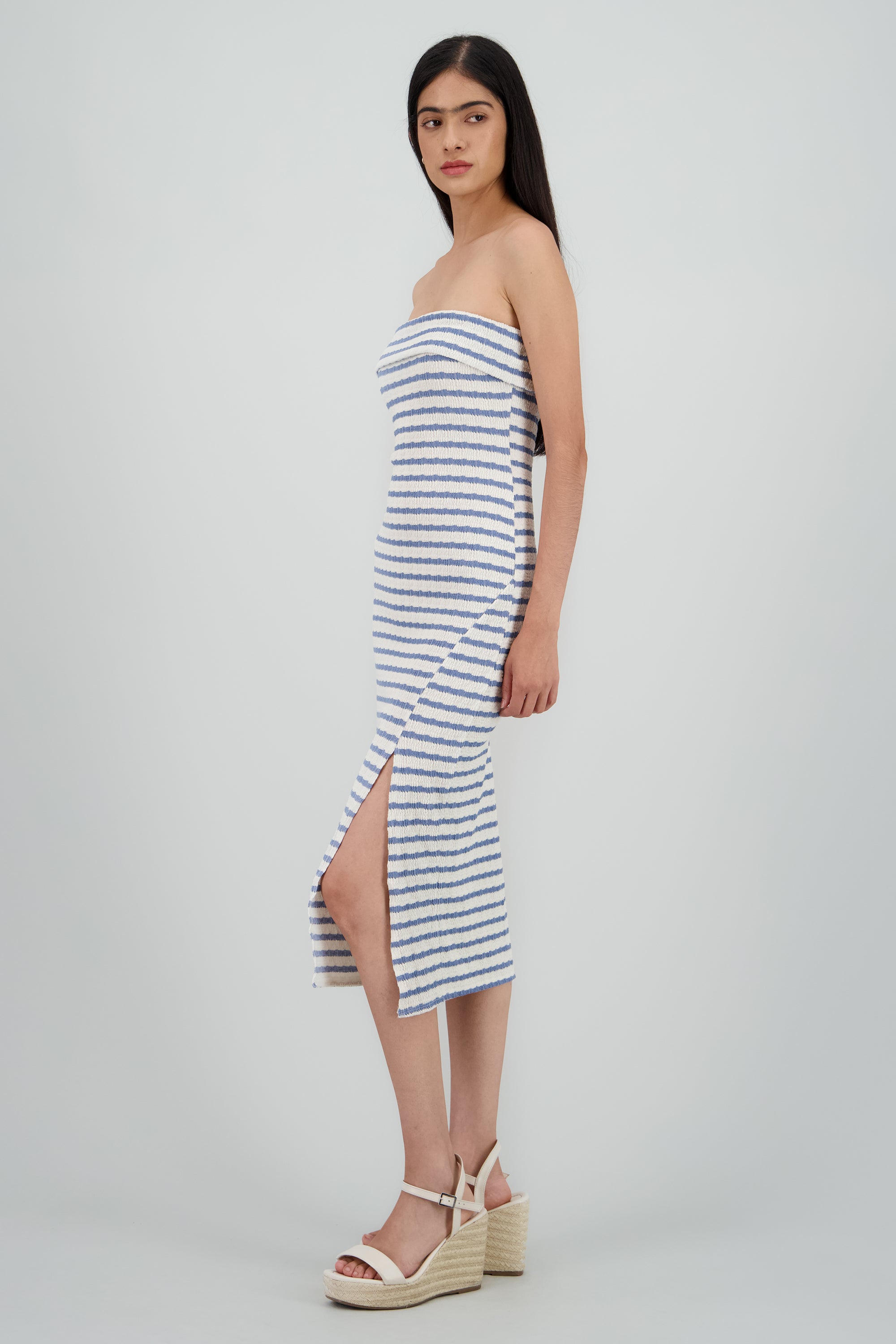 Vestido strapless estampado rayas AZUL COMBO