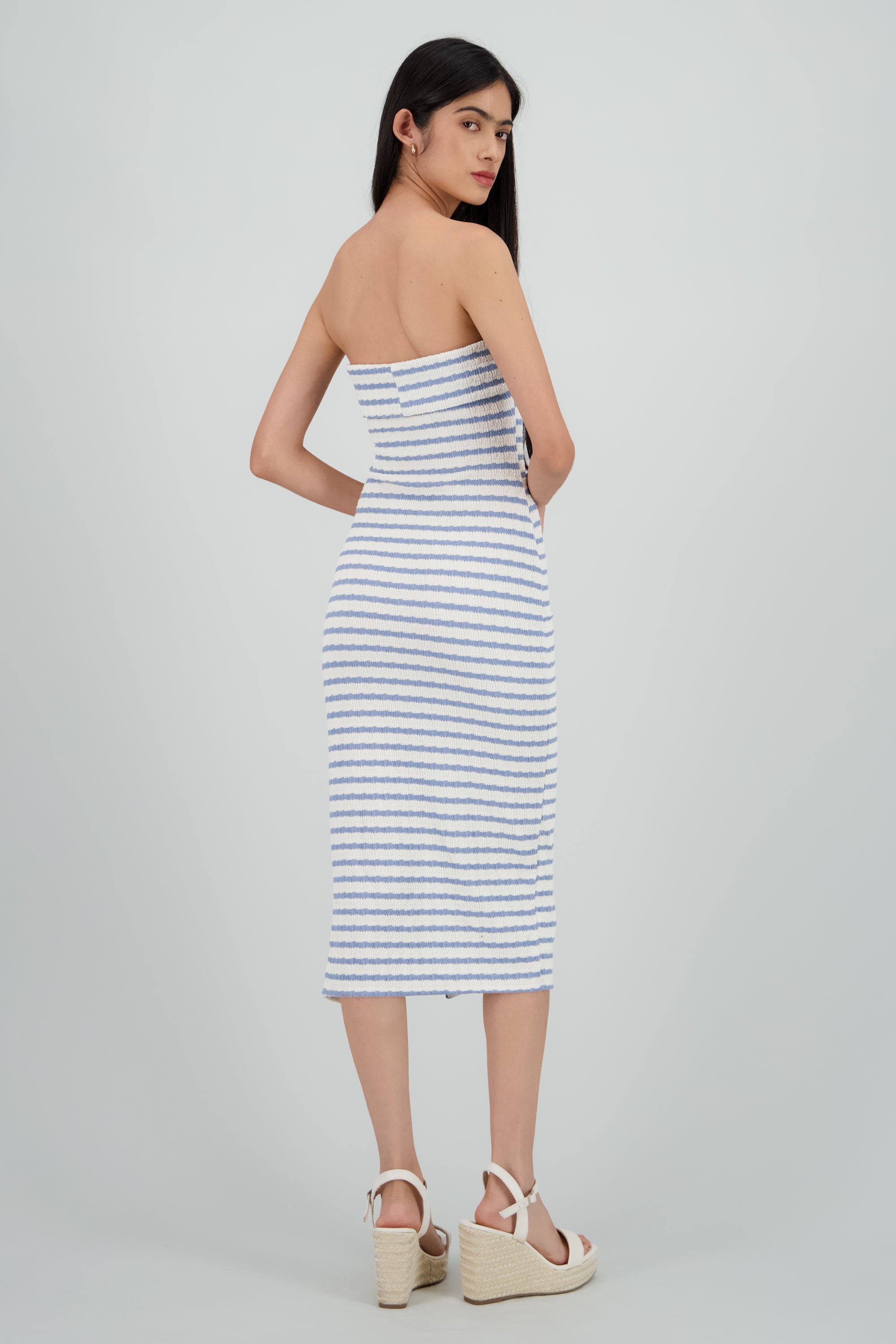 Vestido strapless estampado rayas AZUL COMBO