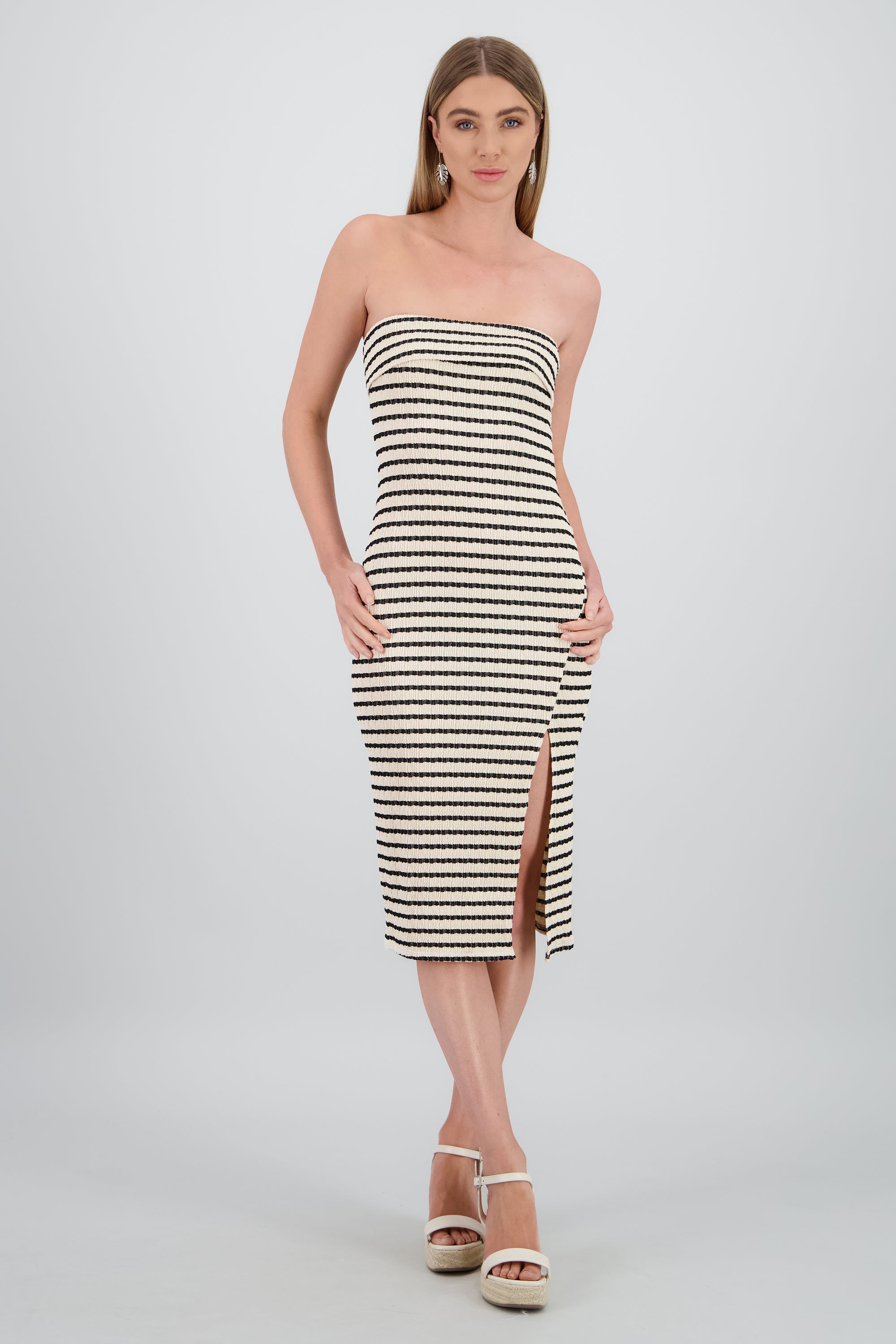 Vestido strapless estampado rayas HUESO COMBO