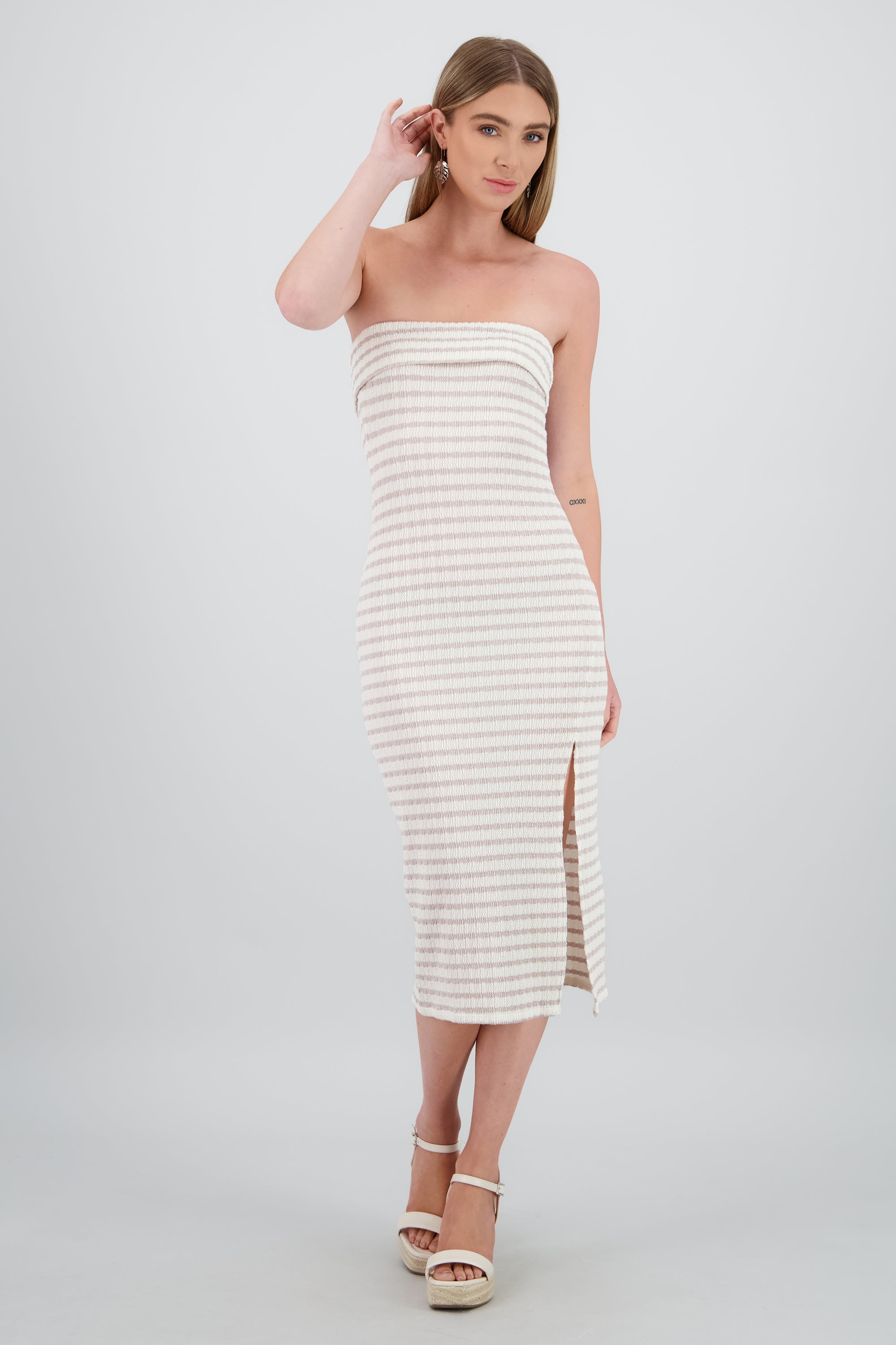Vestido strapless estampado rayas GRIS COMBO