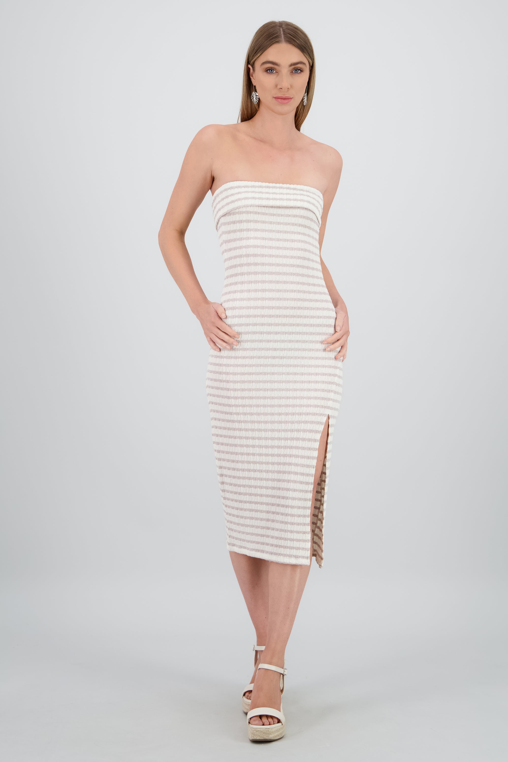 Vestido strapless estampado rayas GRIS COMBO
