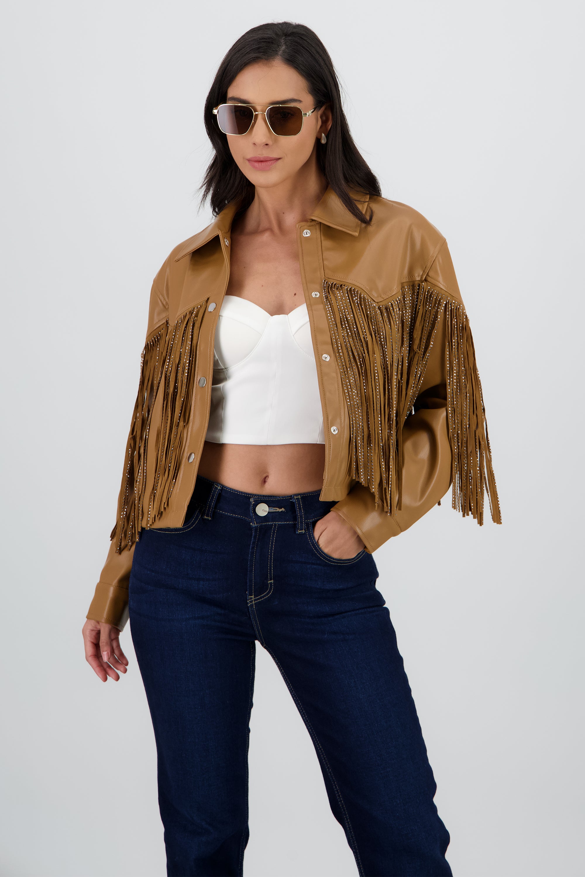 Chamarra Fringe Brillos CAMELLO
