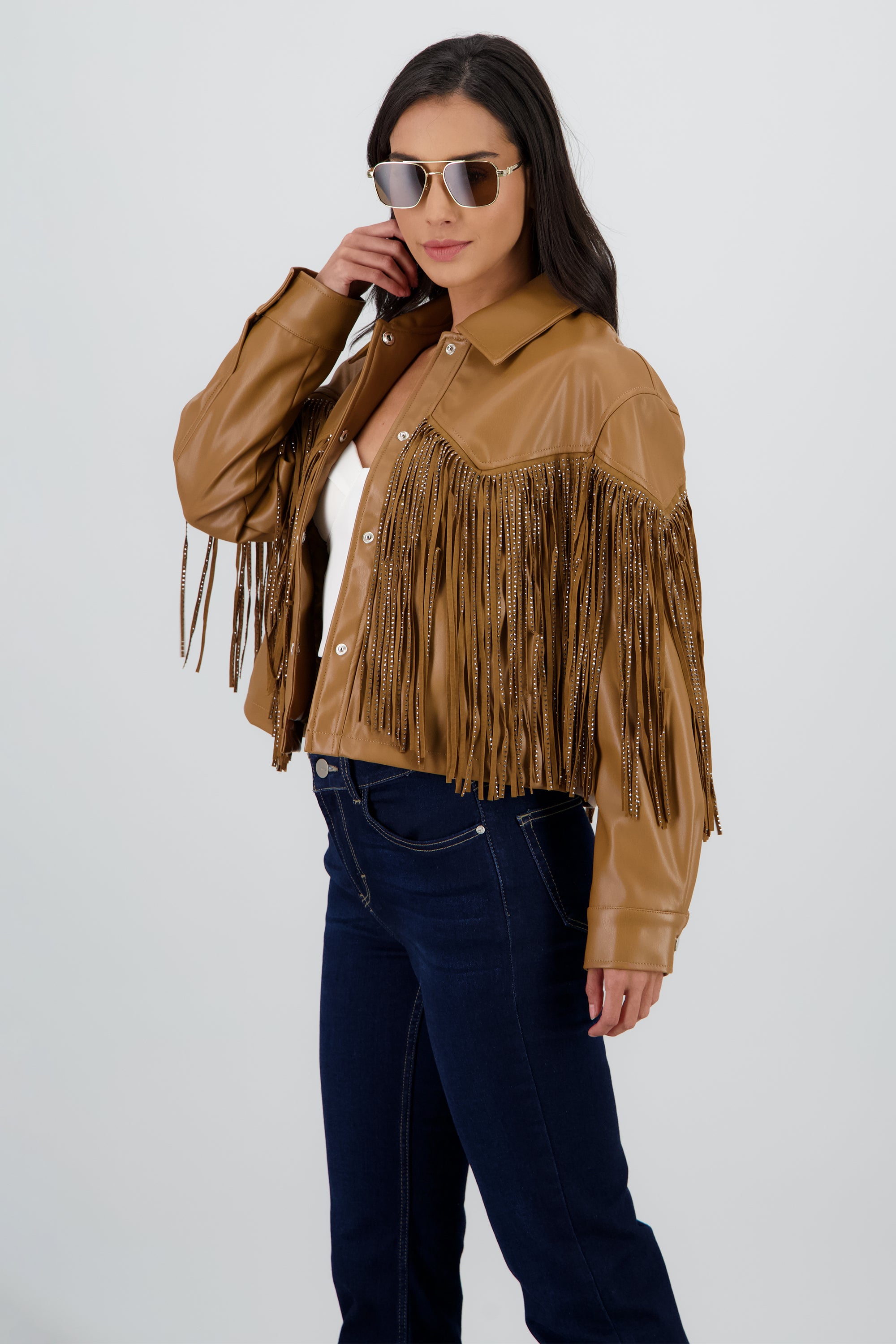 Chamarra Fringe Brillos CAMELLO