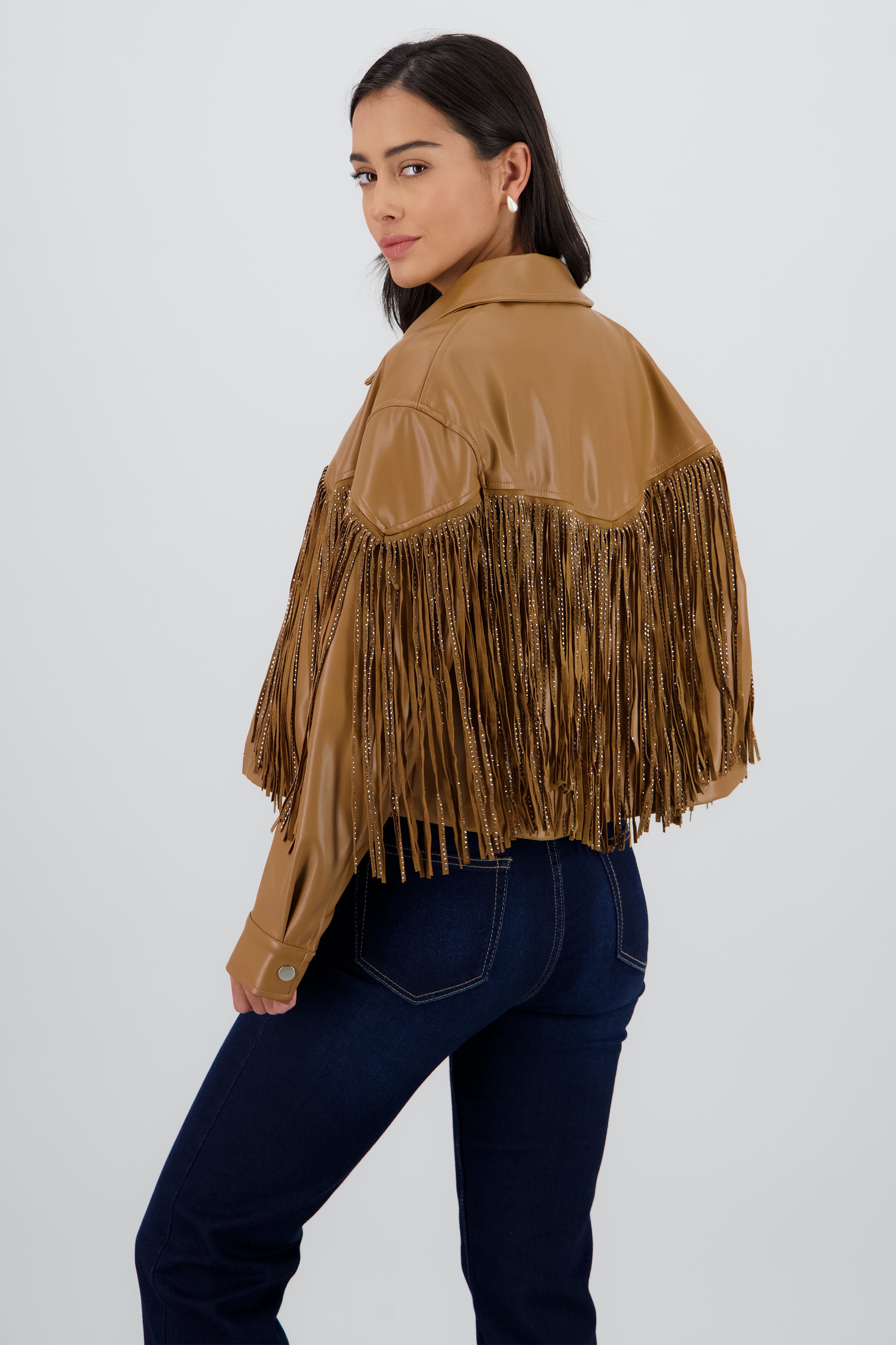 Chamarra Fringe Brillos CAMELLO