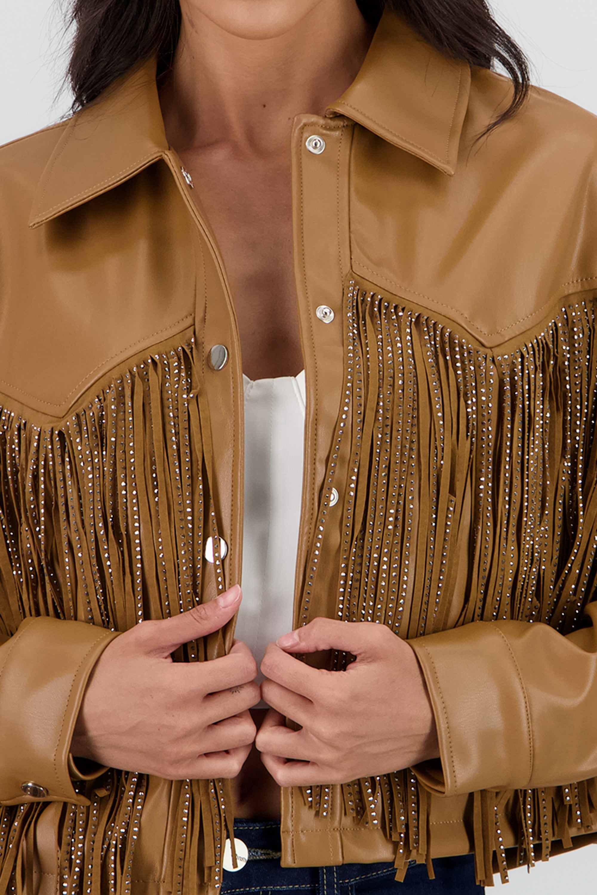 Chamarra Fringe Brillos CAMELLO