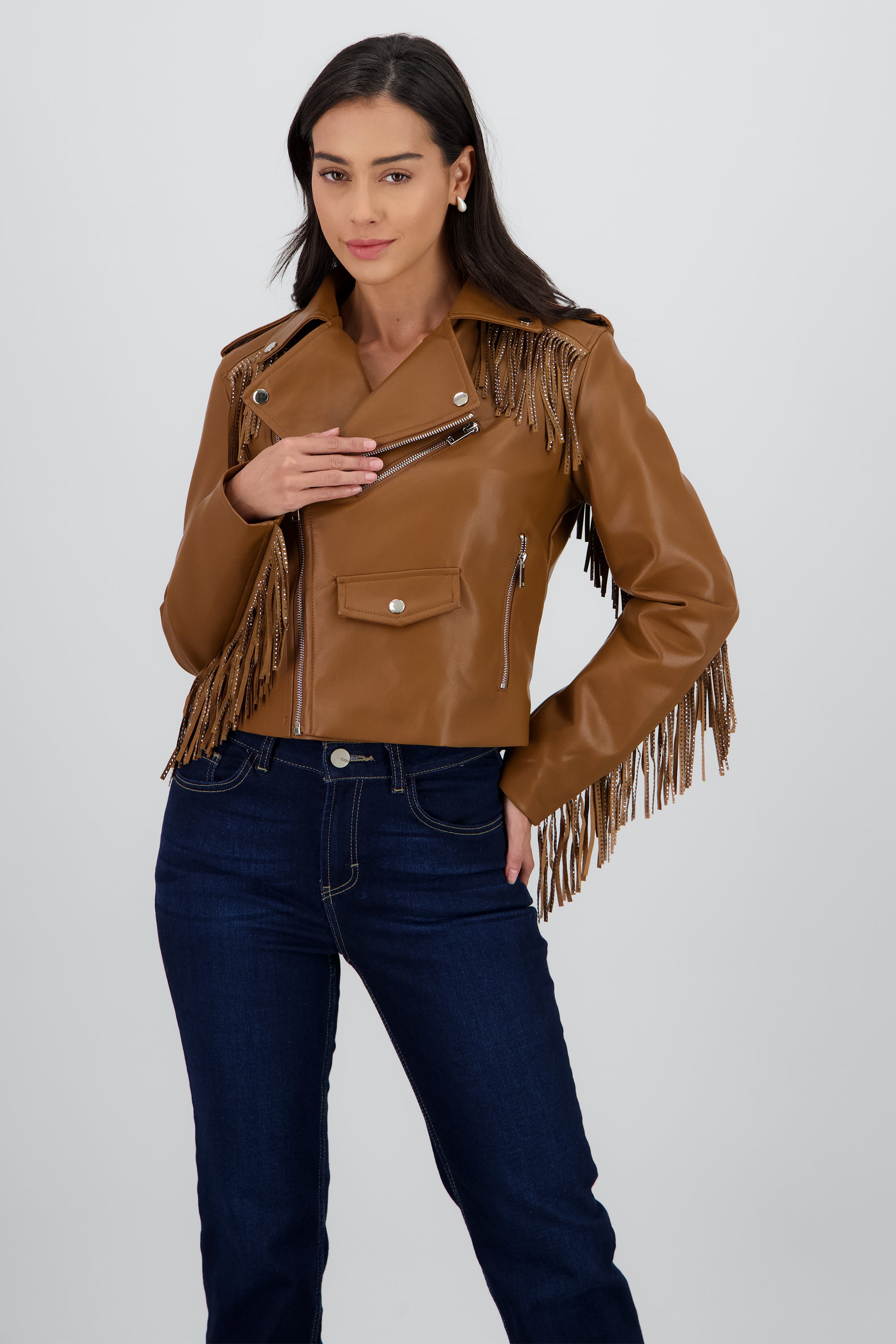 Chamarra Biker Fringe Brillos KHAKI