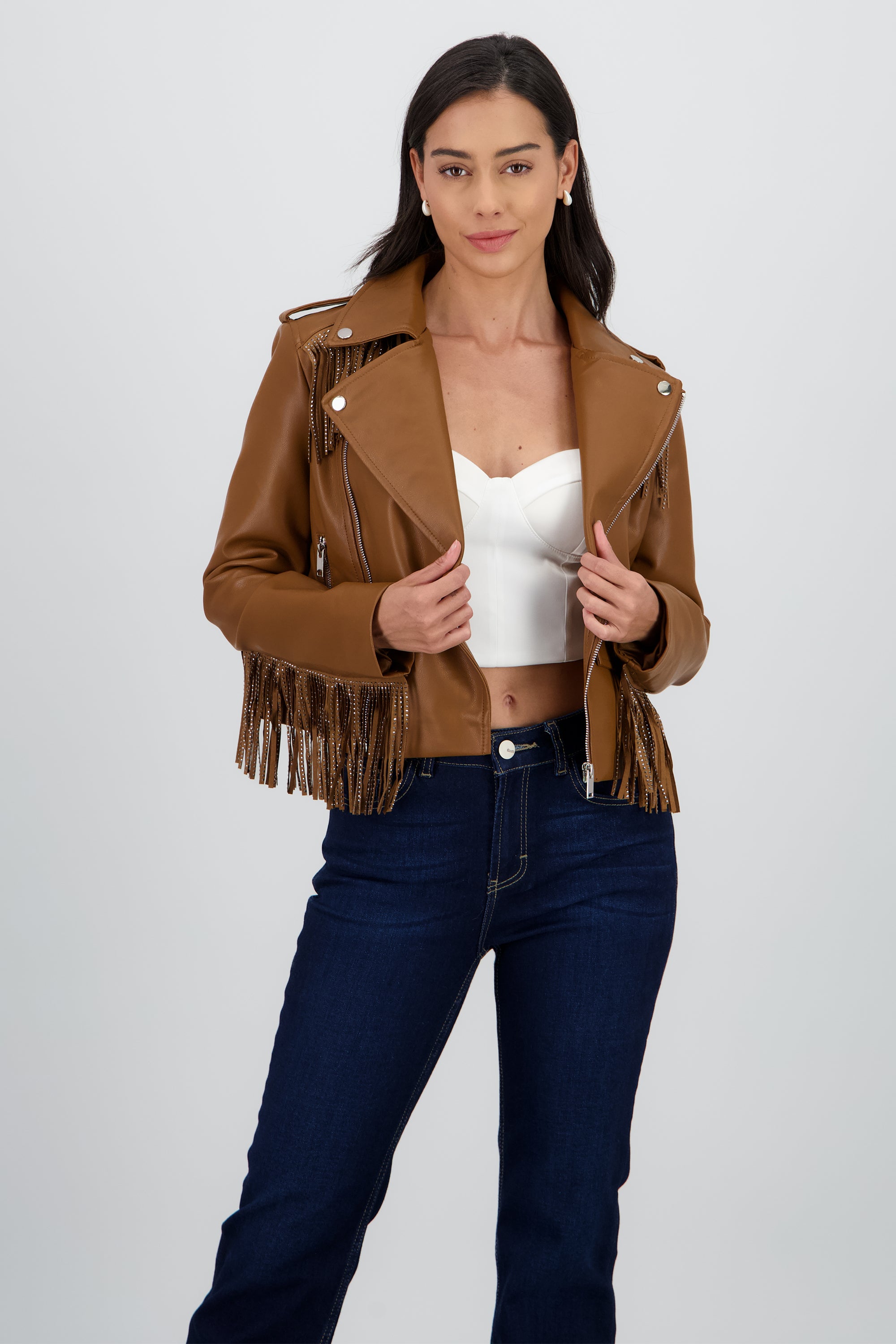 Chamarra Biker Fringe Brillos KHAKI